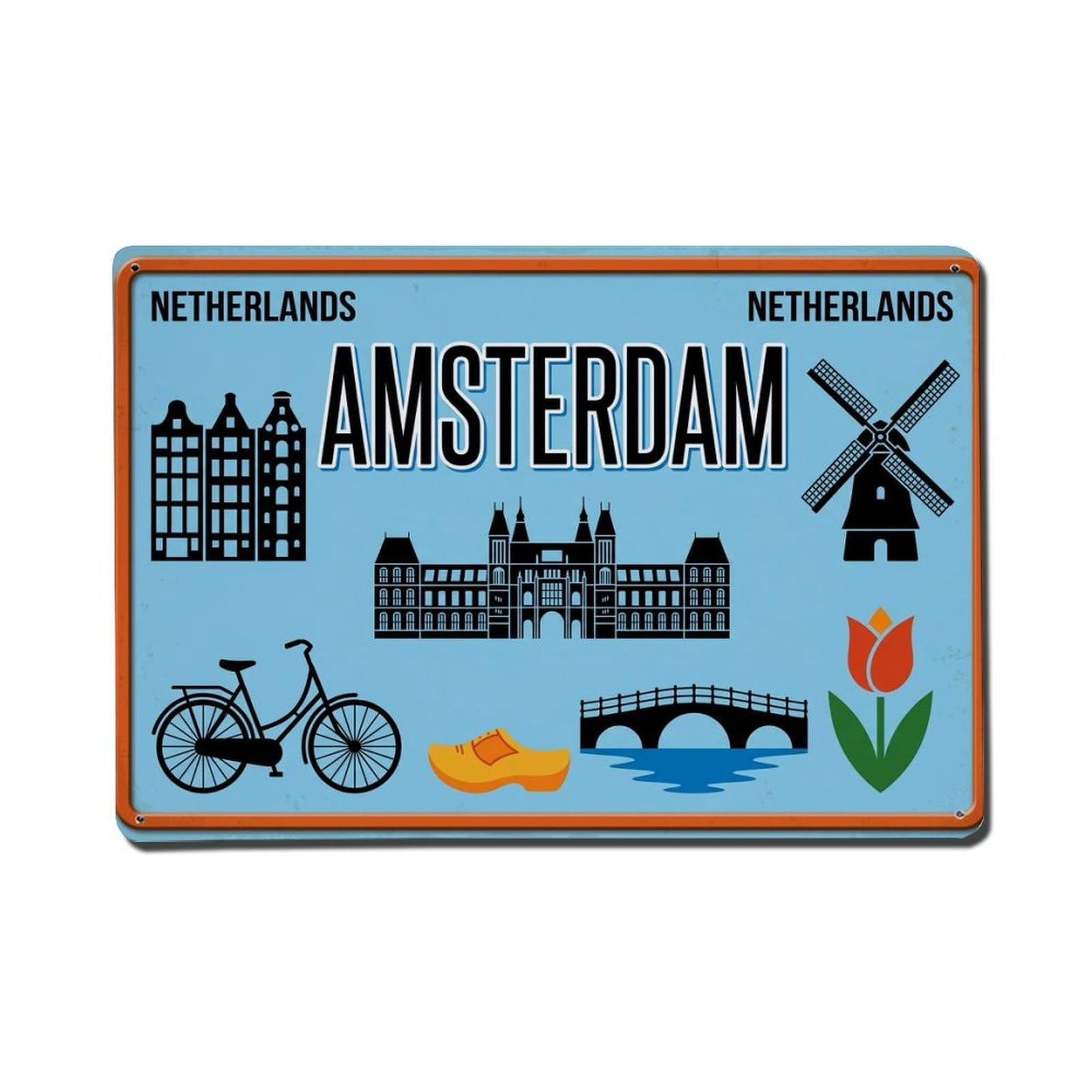 Xanthor Style Vintage Travel Amsterdam Netherlands Windmill Metal Tin Sign