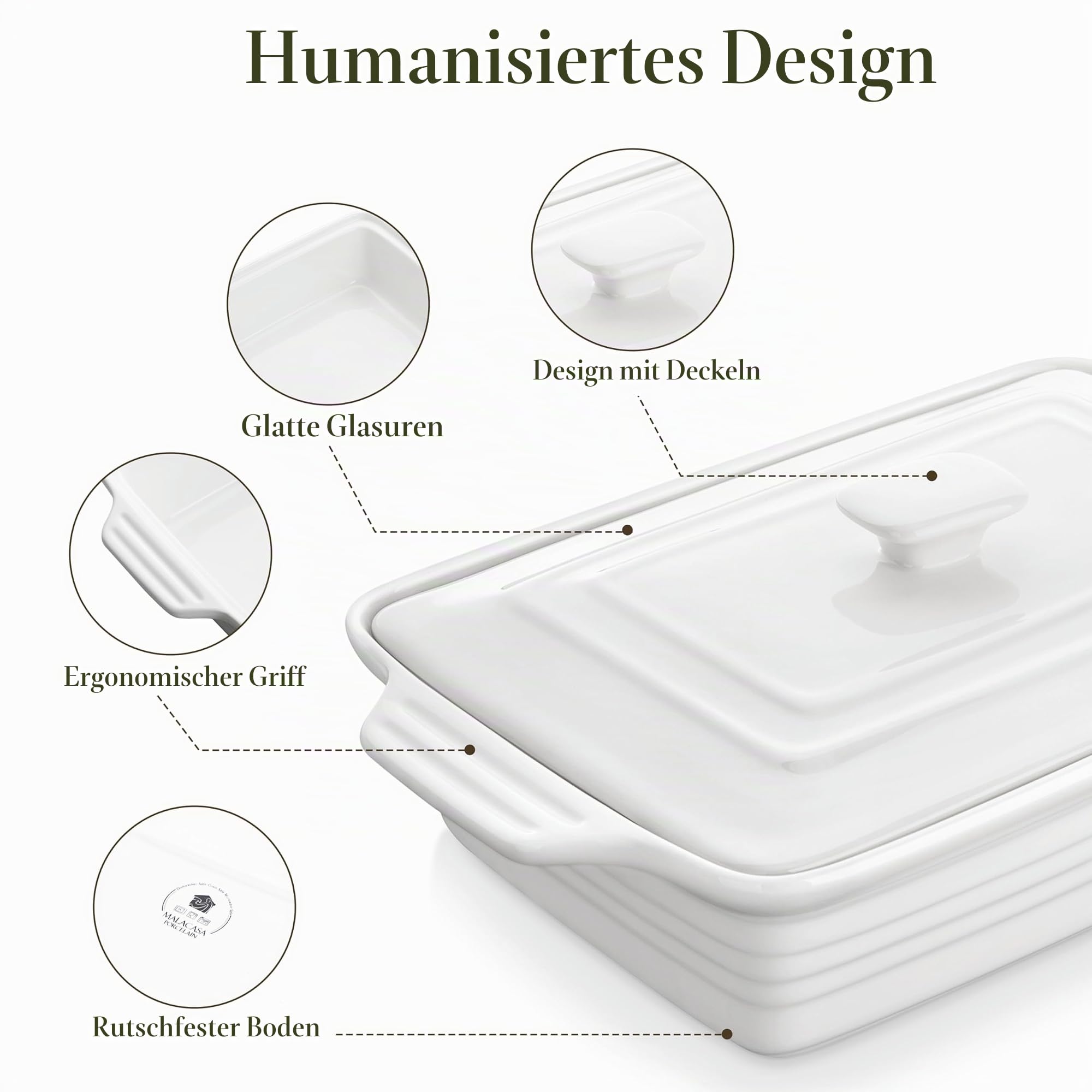 MALACASA Serie BAKE,Große Porzellan Auflaufform mit Deckel - 4100ML - Auflaufform für Brot, Lasagne, Pizza Kuchen-Mikrowelle, Backofen, spülmaschinenfest