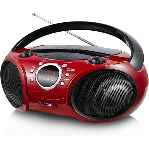 Singingwood 030BT(2025 Version) CD Player Boombox with AM FM Radio, Bluetooth, USB Port CD-R/RW, MP3 CDs Compatible, 3.5mm Aux Input, Headphone Jack and LED Display for CD(Firmist Red)
