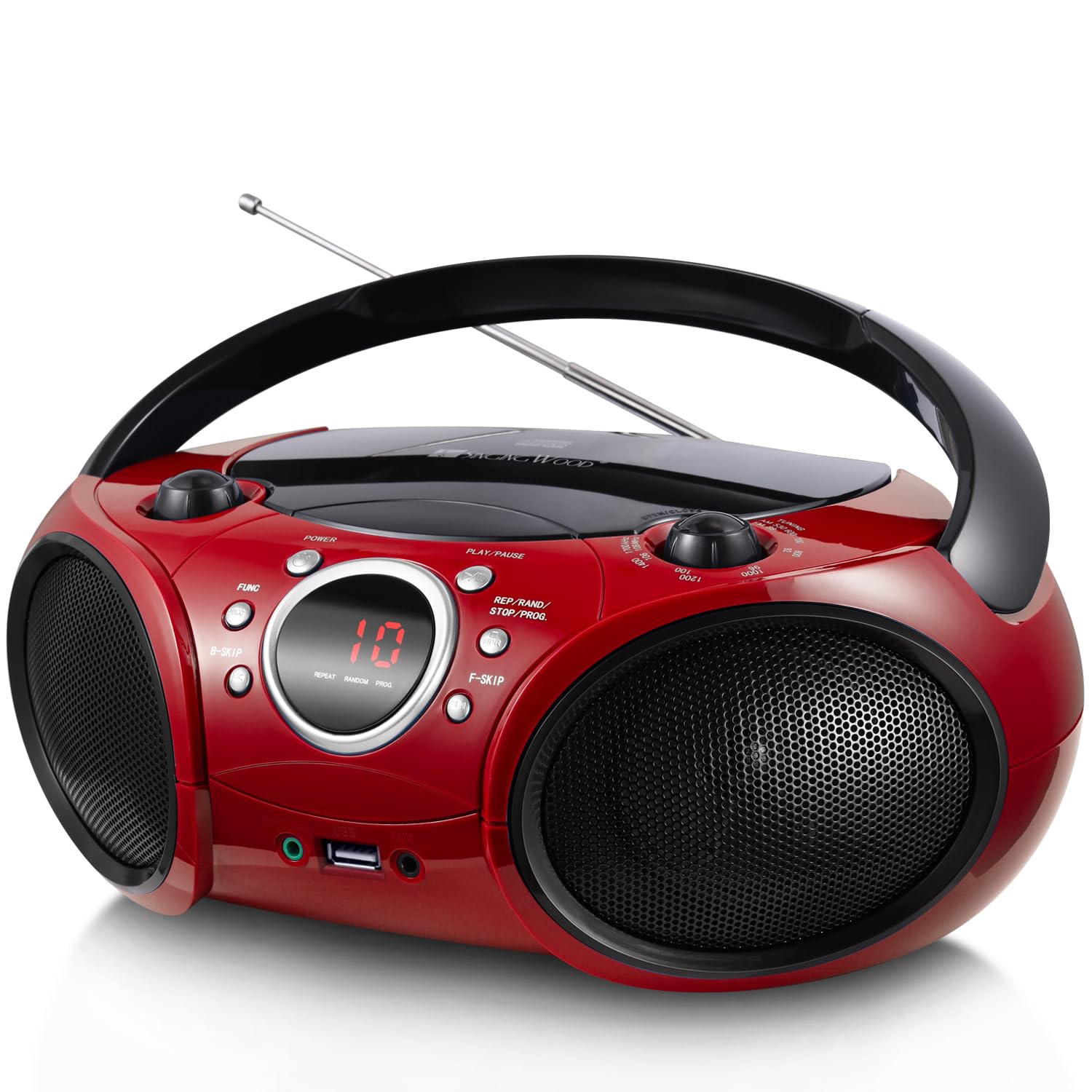 Singingwood Portable CD Player Boombox, Firmist Red | AM FM Radio, Bluetooth, USB Port CD-R/RW, MP3 CDs, 3.5mm Aux Input & Headphone Jack, Dual Power AC/Battery Firemist Red