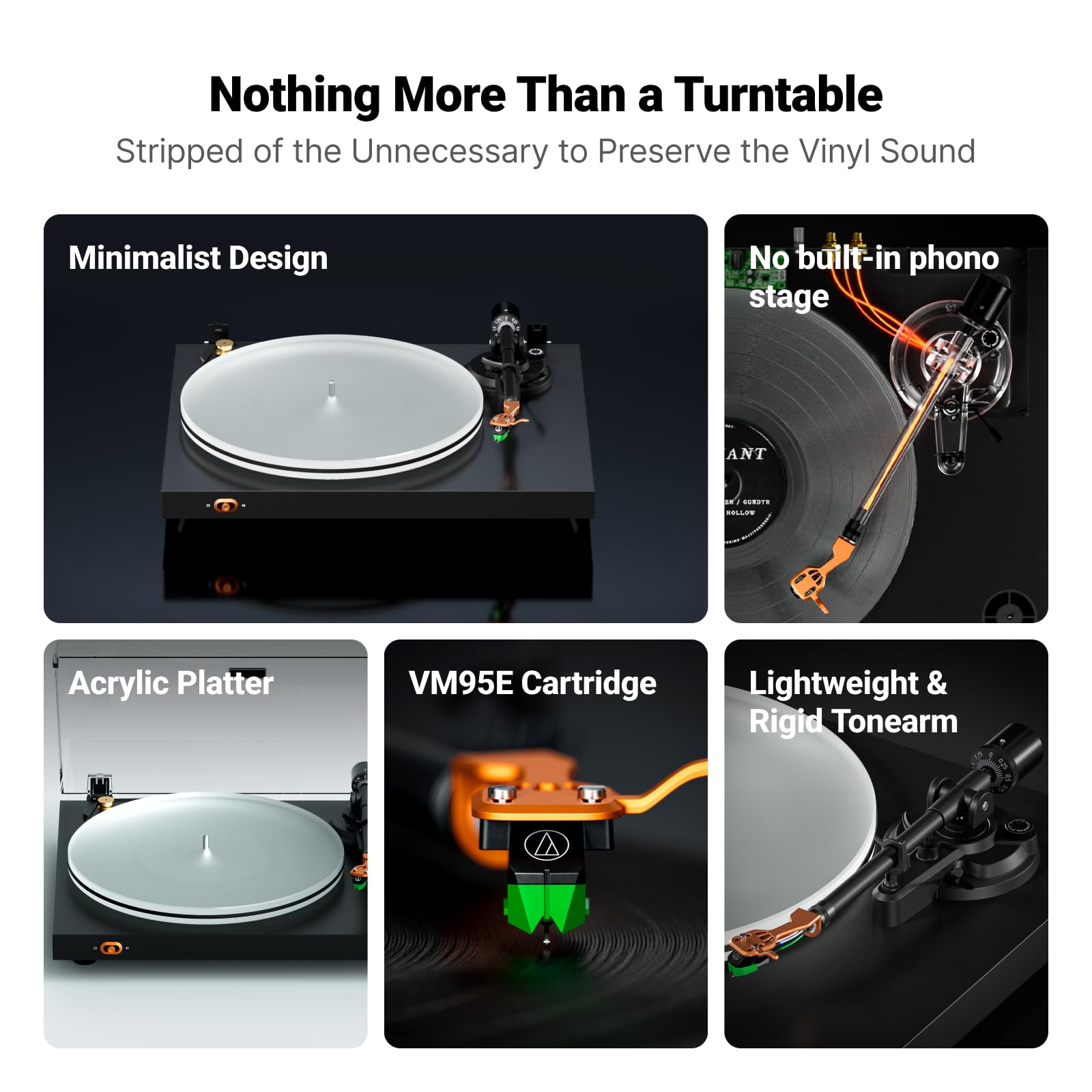 Fosi Audio Luna3 Plattenspieler, Hi-Fi Vinyl Record Player mit VM95E Tonabnehmer, Acryl-Drehteller, Servomotor, ohne eingebaute Phono-Vorverstärker, Aluminium-Tonarm