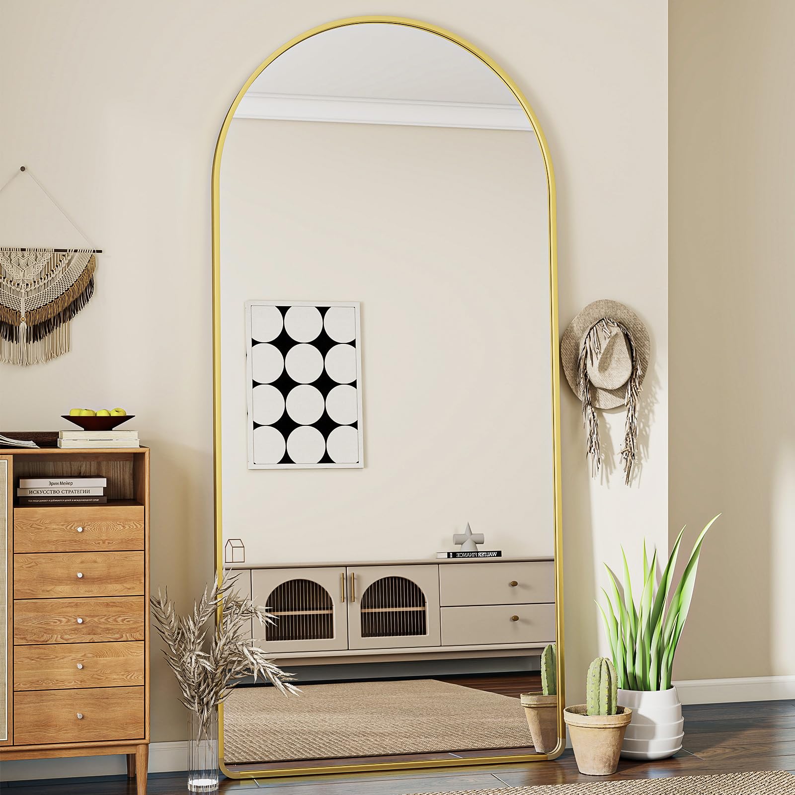 Koonmi - Miroir pleine longueur bombé avec coins arrondis - Grand miroir sur pied - Miroir de dressing pour le salon - Doré - 171L x 76l cm - Moderne - Montage mural