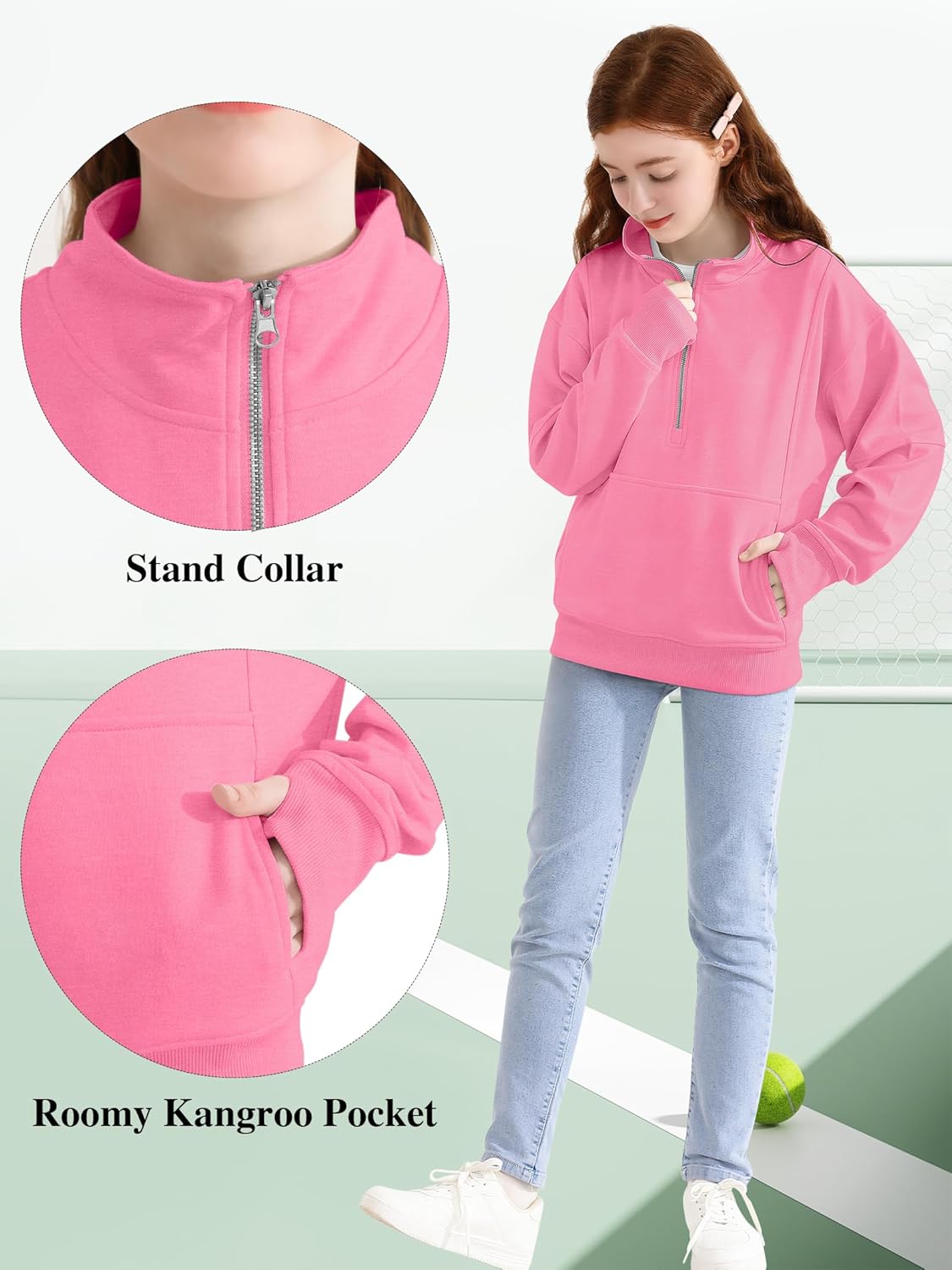 Girls Half Zip Sweatshirt Long Sleeve Zip Pullover Top with Thumb Hole Pocket Fall Winter for Teen Girls - Image 2