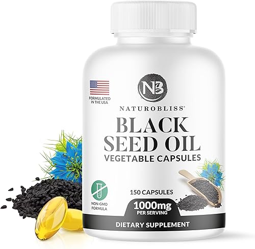NaturoBliss Aceite de semilla negra  150 cápsulas blandas para la salud de la piel (sin OMG y vegano) Premium prensado en frío Nigella sativa que