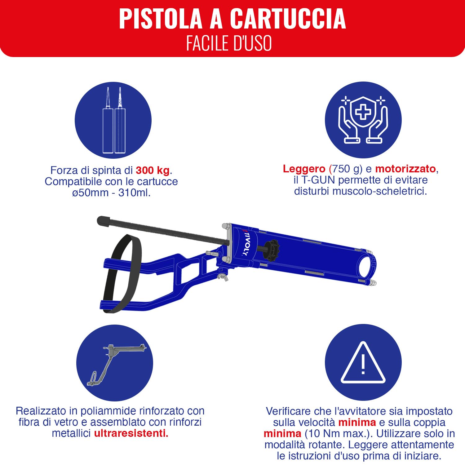 TIVOLY - Pistola a cartucce T-Gun F300 - Adattabile su trapano e avvitatore - Per cartucce Ø 50 mm/310 ml