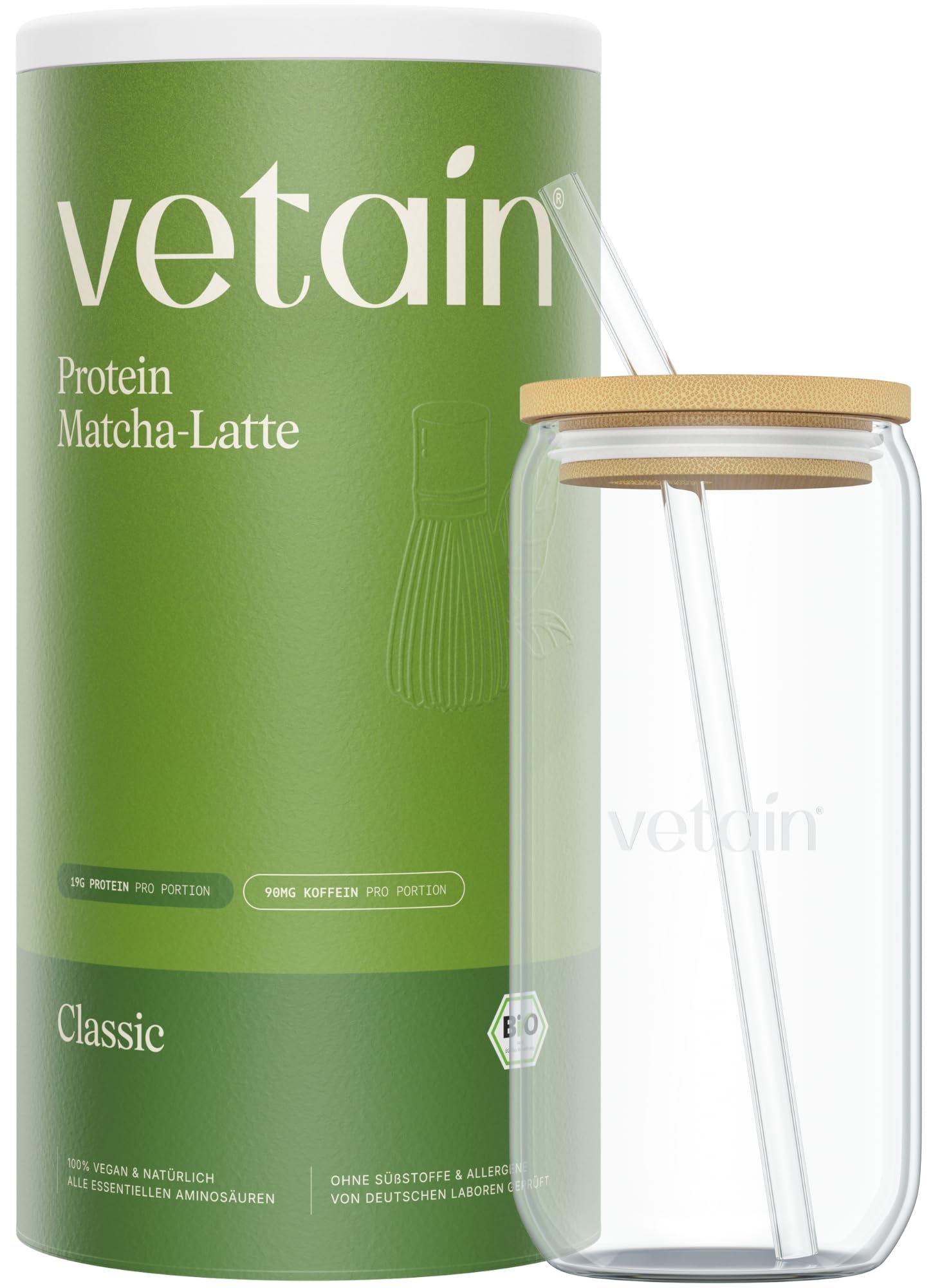 VETAIN Matcha Set - Vegan Protein Pulver Matcha (600g) + Trinkglas mit Bambusdeckel (250ml) - inkl. Glasstrohhalm - Fünf Premium Protein Quellen - Ohne Allergene & Süßungsmittel