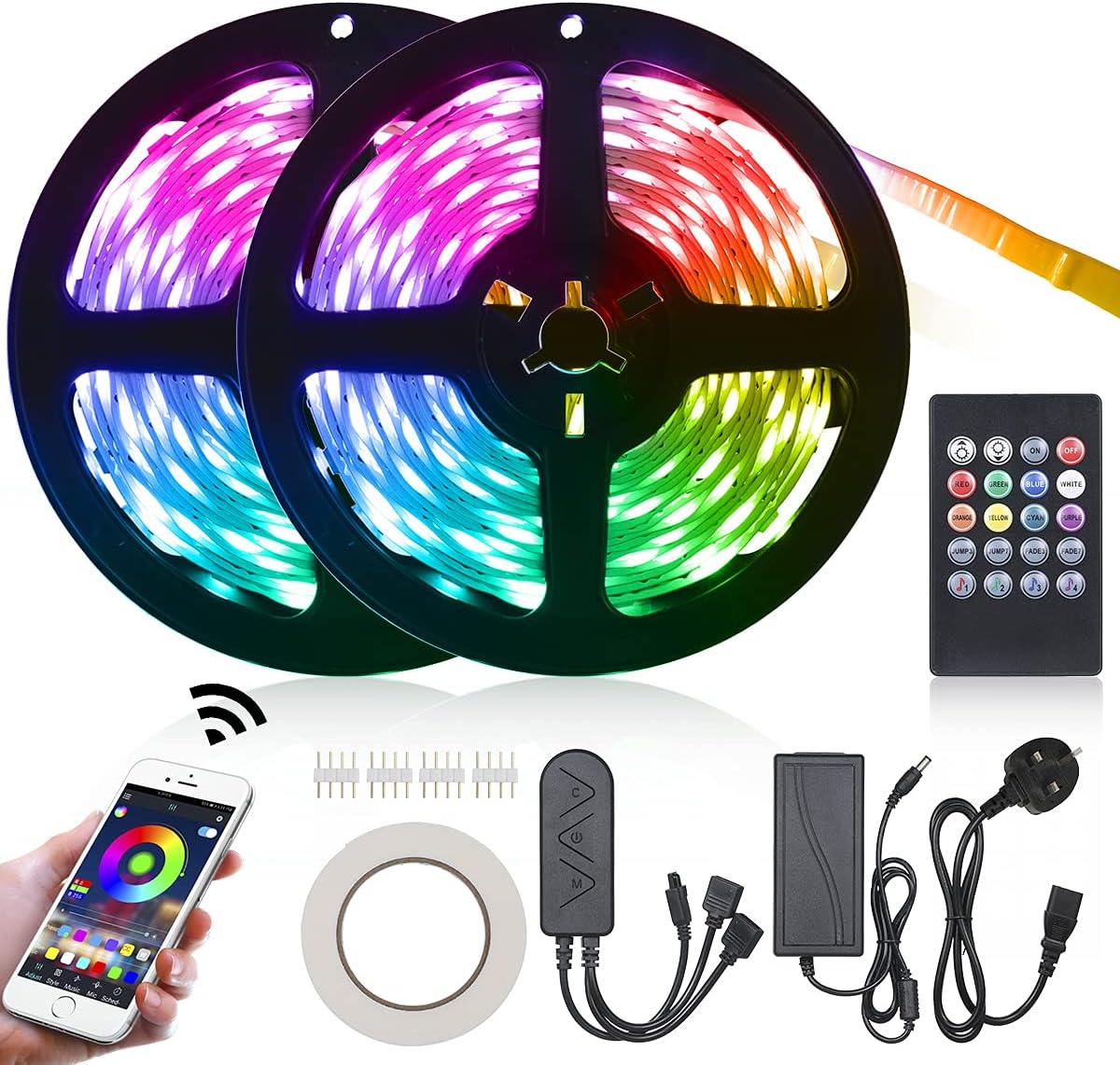 Tomshine Led Strip Lights 10M 300LEDs with Remote & Power Supply 3 Ways Control Smart Phone Bluetooth App Control with Music Sync Mode SMD 5050 RGB Colour Changing LED Lights for Bedroom (5Mx2)