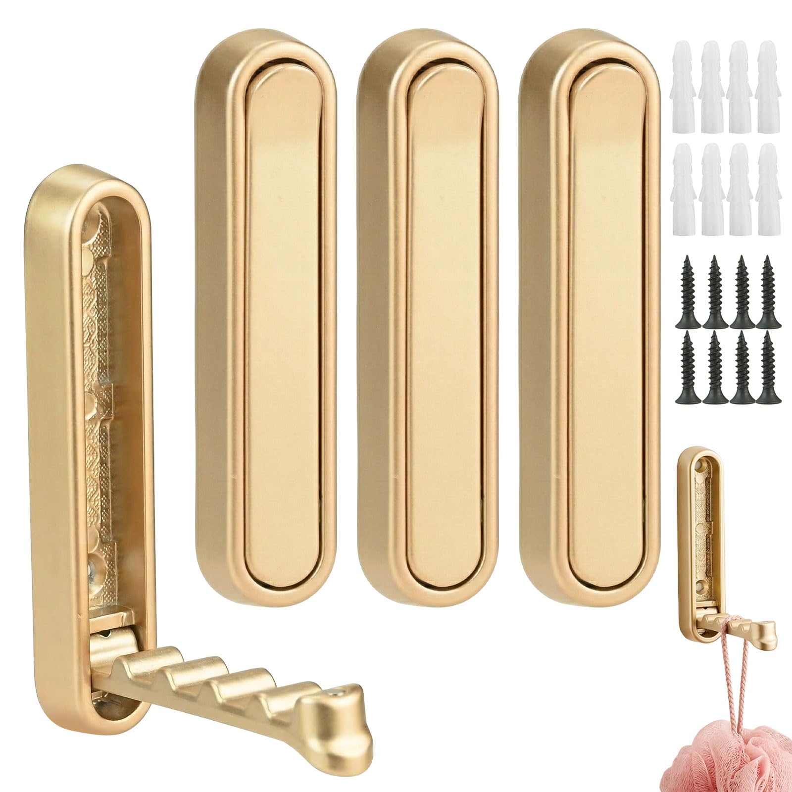 4 Pcs Foldable Wall Hooks for Hanging, Heavy Duty Aluminum Gold Coat Hooks Wall Mount with Wave Anti-Slip Design, Folding Wall Hook for Towel, Bag, Key, Robe, Entryway Bathroom Kitchen, 2 Ways Install