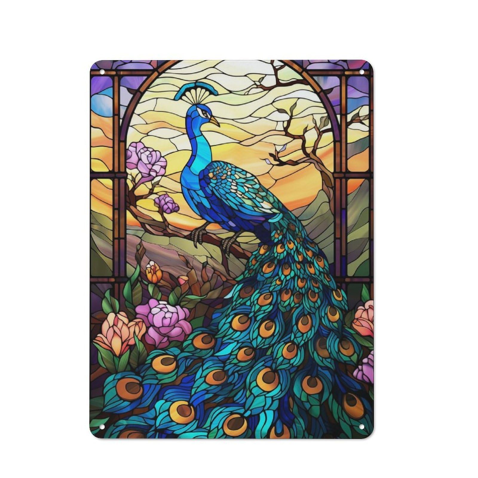 Metal Sign 40x30cm with Peacock Stained Glass for Hallway Wall, Rustic Decor, for Wall Display Collectors