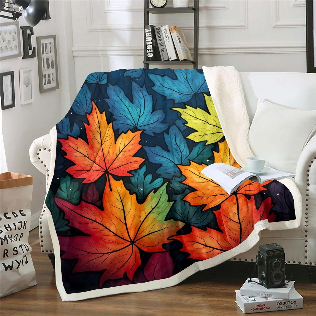 Erosebridal Rainbow Leaf Throw Blanket Queen for Kids Boys Girls Autumn Leaves Blanket,Blue Orange Sherpa Blanket Tropical Botanical Fleece Blanket White Polka Dots Bed Blanket,Cozy
