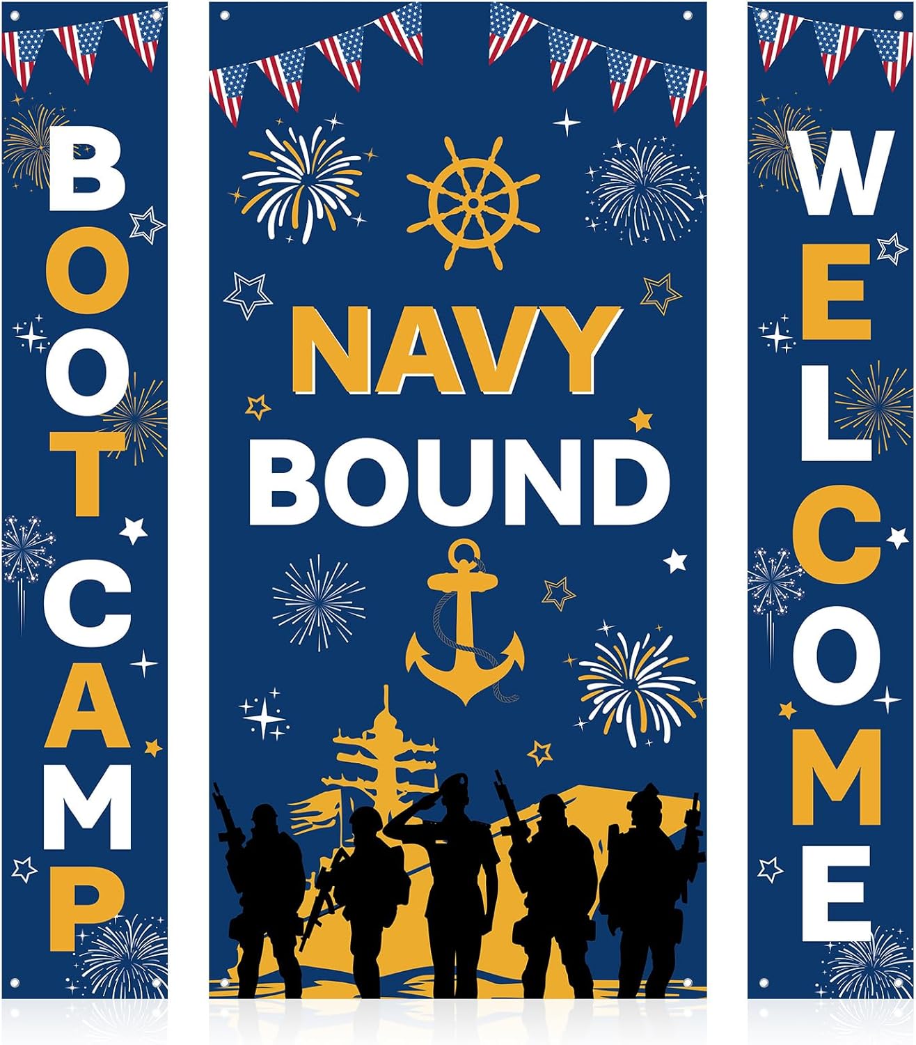 3Pcs Navy Bound Boot Camp Decorations, Blue Patriotic Sailor Welcome Porch Sign and Large Backdrop Banner Set, Welcome Boot Camp Fabric Sign for Enlistment Going Away Graduation Party