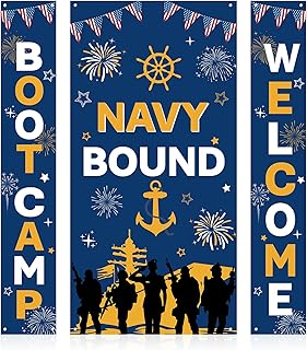 3Pcs Navy Bound Boot Camp Decorations, Blue Patriotic Sailor Welcome Porch Sign and Large Backdrop Banner Set, Welcome Boot Camp Fabric Sign for Enlistment Going Away Graduation Party