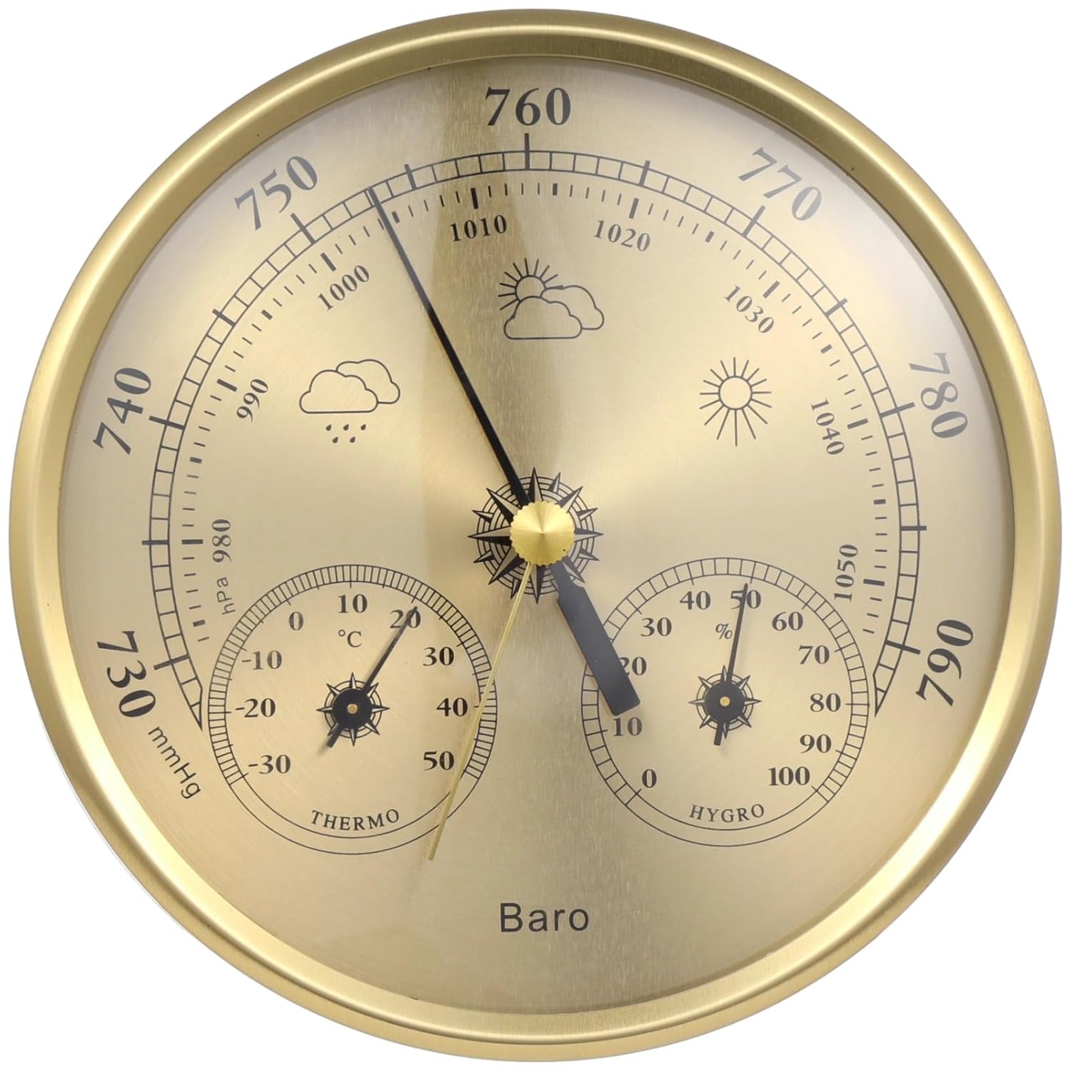 Glass 3-in-1 Weather Barometer, 0.5 Inch Gold Indoor Outdoor Thermometer, Alloy Frame Hygrometer, Wall-Mounted Home Decor