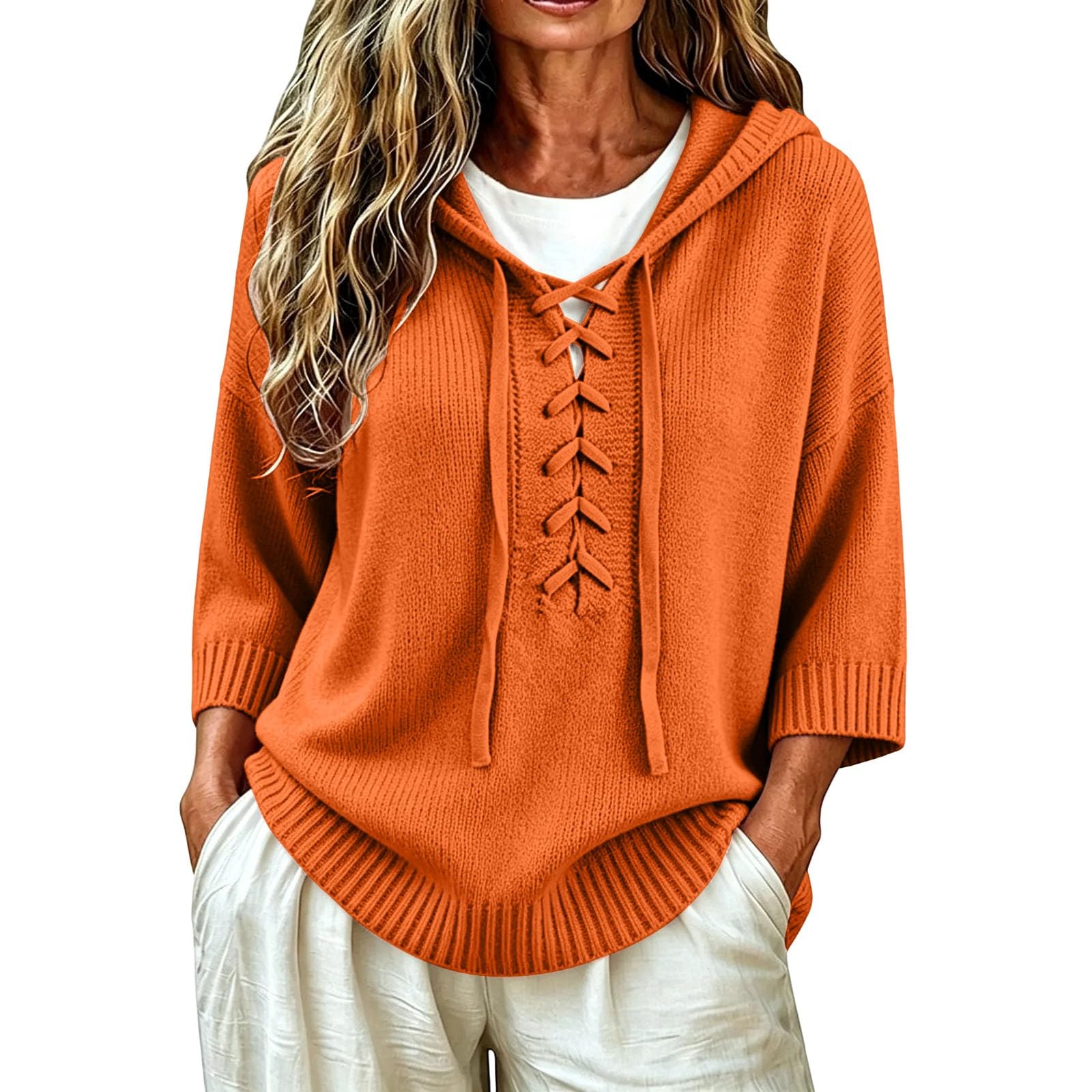 Generisch Sudadera para mujer de algodón con capucha para mujer, talla grande, informal, sudadera con capucha monocolor, elegante, suéter de punto con capucha, cómodo jersey de manga 3/4, cálido