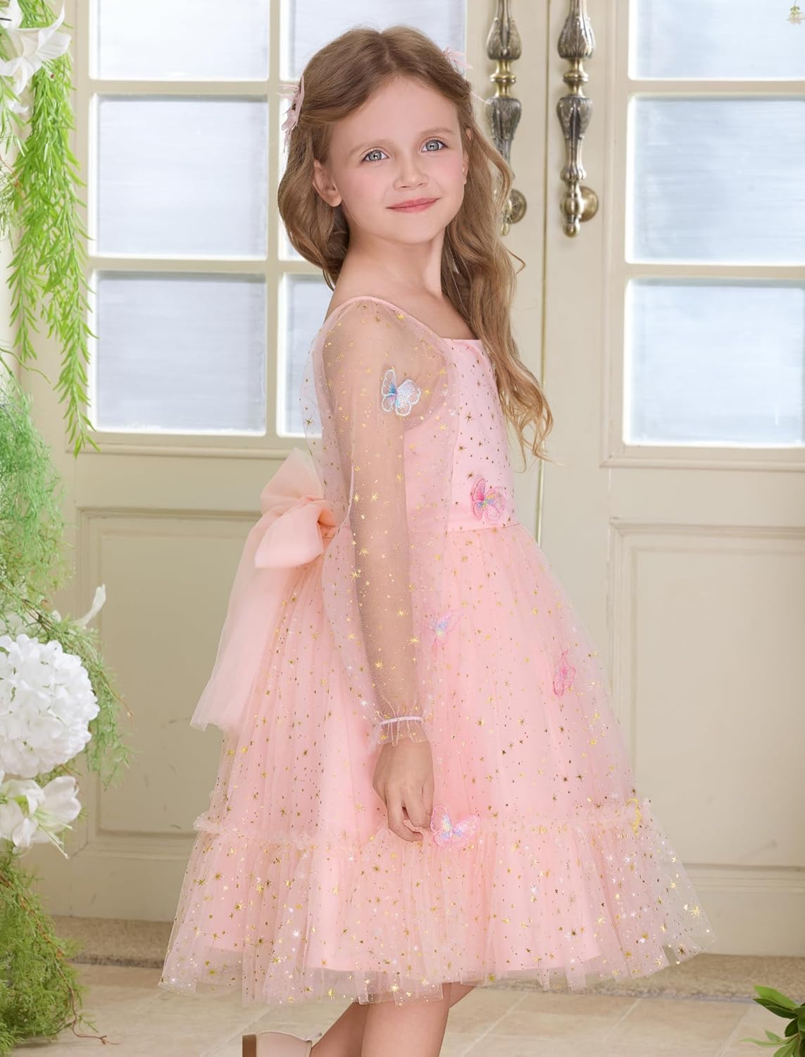 Kids Girls Birthday Party Long Sleeve Star Glitters Tulle Tutu Dress 3D Butterfly Star Sequins Ruffle Dress