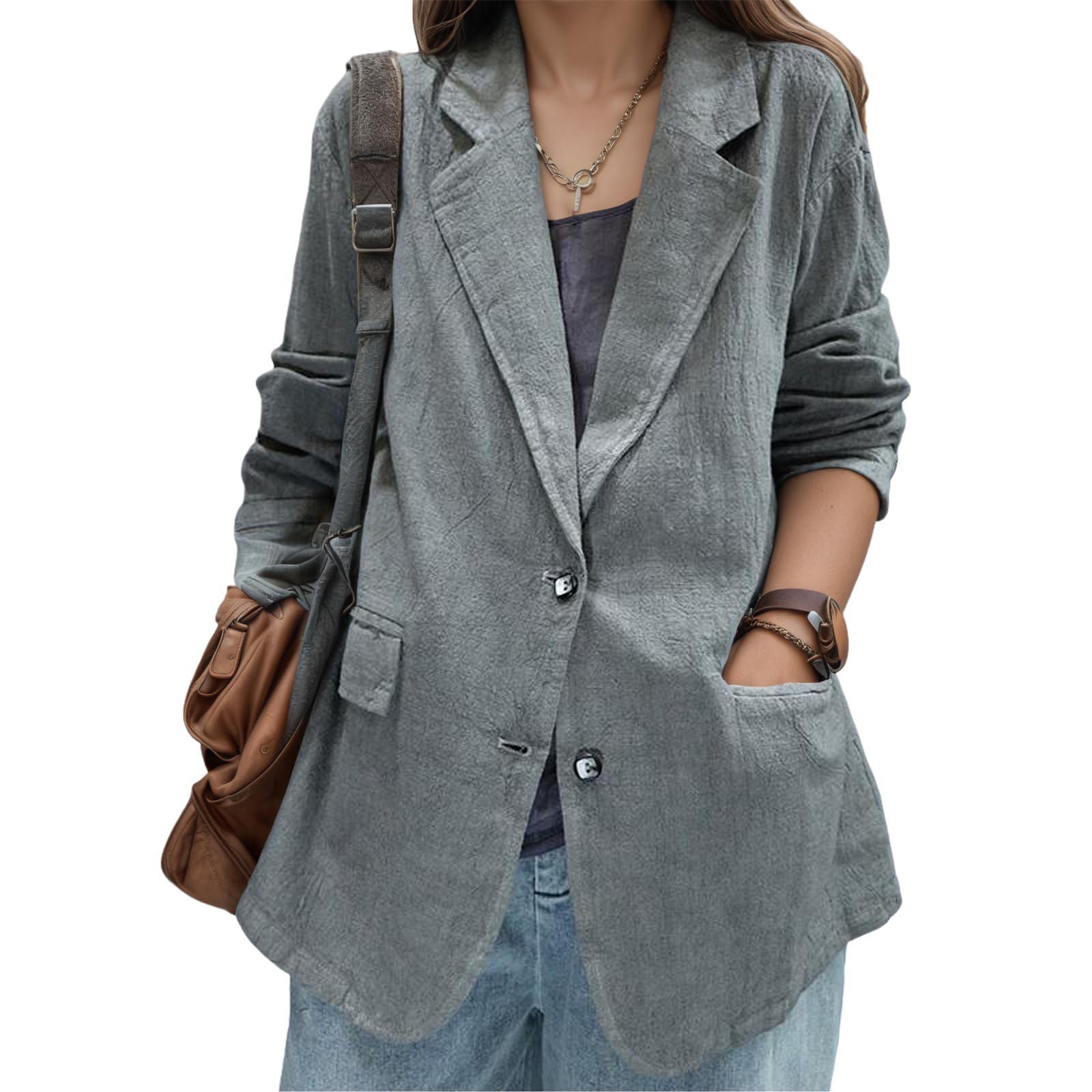 Womens Cotton 3 4 Sleeve Dressy Blazer Work Office Button Down Lapel V Neck Lightweight Jackets Coat With