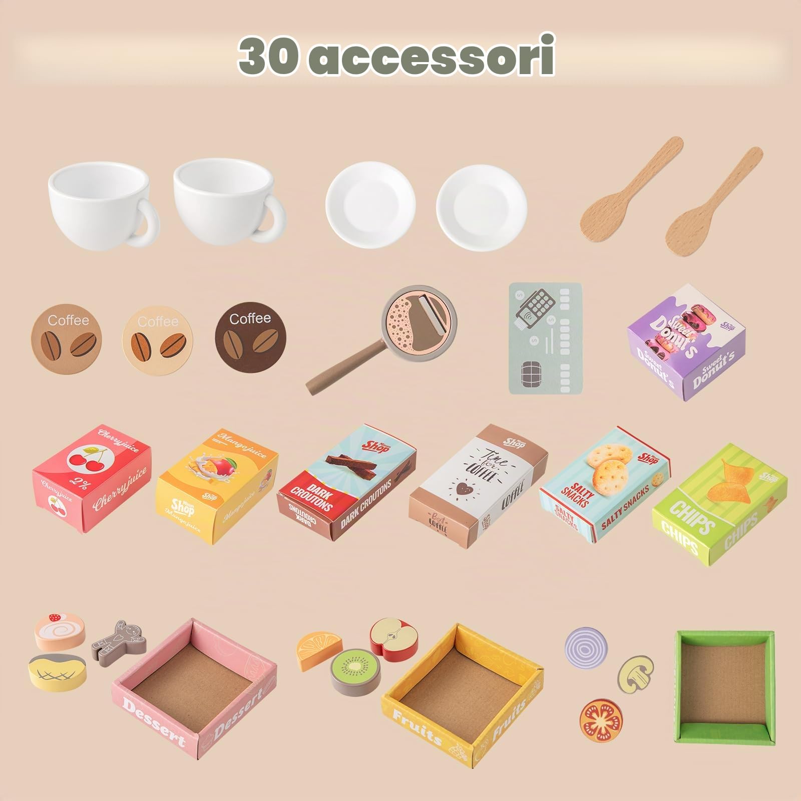 HOMASIS Supermercato Giocattolo per Bambini in Legno, Negozio Giocattolo per Bambini con Cassa Registratrice, Distributore Automatico e Macchina da Caffè per Bambini dai 3+ Anni