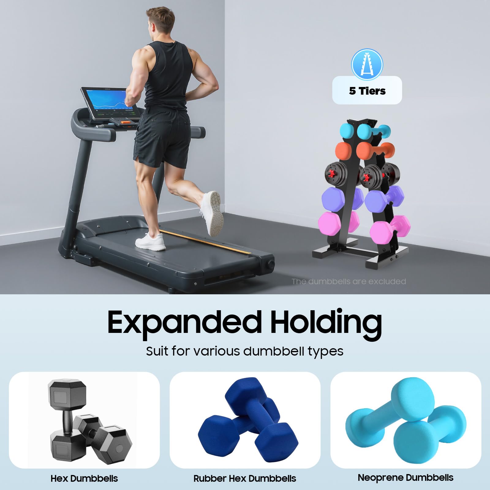 Supporto per manubri a 5 ripiani in metallo, design a forma di A con maniglia, portata massima di 100 kg, scaffale da fitness salvaspazio per casa, hotel, palestre, scuole, eventi di sollevamento pesi