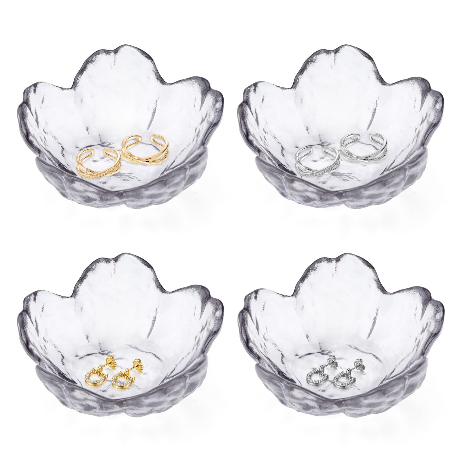 Modixun 4 Pack Ring Dish Jewelry Tray, Small Glass Trinket Dish, Decorative Aesthetic Ring Holder Plate Bowl for Women Ring Earring Bracelet for Vanity Nightstand (Crystal Grey)