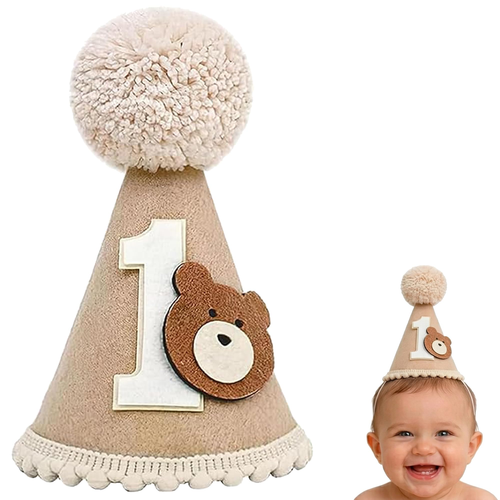 Ltarnx 1st Birthday Hat for Baby Boys Girls, Soft Felt Teddy Bear Party Hat with Pom Pom and Adjustable Strap, 1 Year Old Birthday Decorations and Cake Smash Photo Props