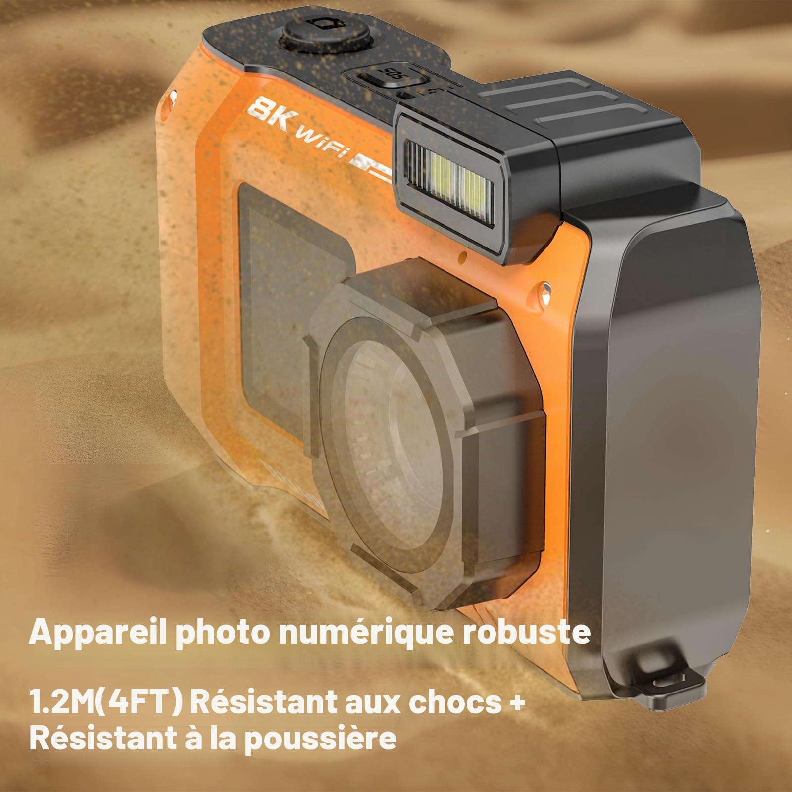 Appareil photo numérique 8K UHD 70 MP WiFi avec carte de 64 Go robuste, étanche, résistant à la poussière, aux chocs, caméra sous-marine de 10 m, double écran pour selfie, autofocus et prise de vue