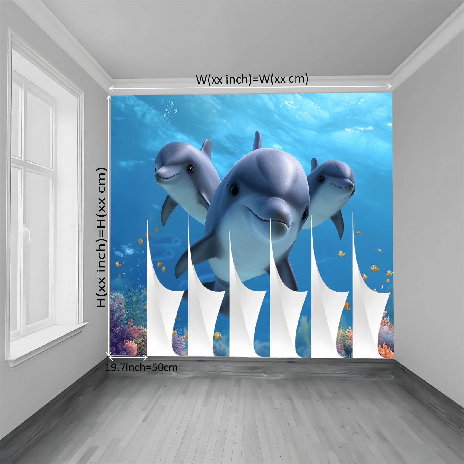 Fototapeta z efektem 3D, 350 x 256 cm (szer. x wys.), tapeta ścienna, niebieska, tapeta ścienna - śliczne morze, zwierzęta, delfiny, tapeta z włókniny, tapeta z wzorem do salonu, sypialni, biura