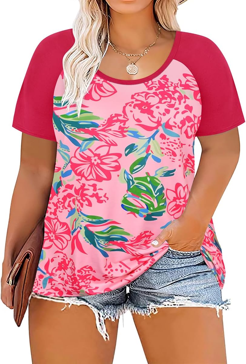 CARCOS Plus Size Tops for Women Short Sleeve Raglan Striped Tee Color Block Crewneck/V Neck Tunic Loose Fit Summer XL-5XL