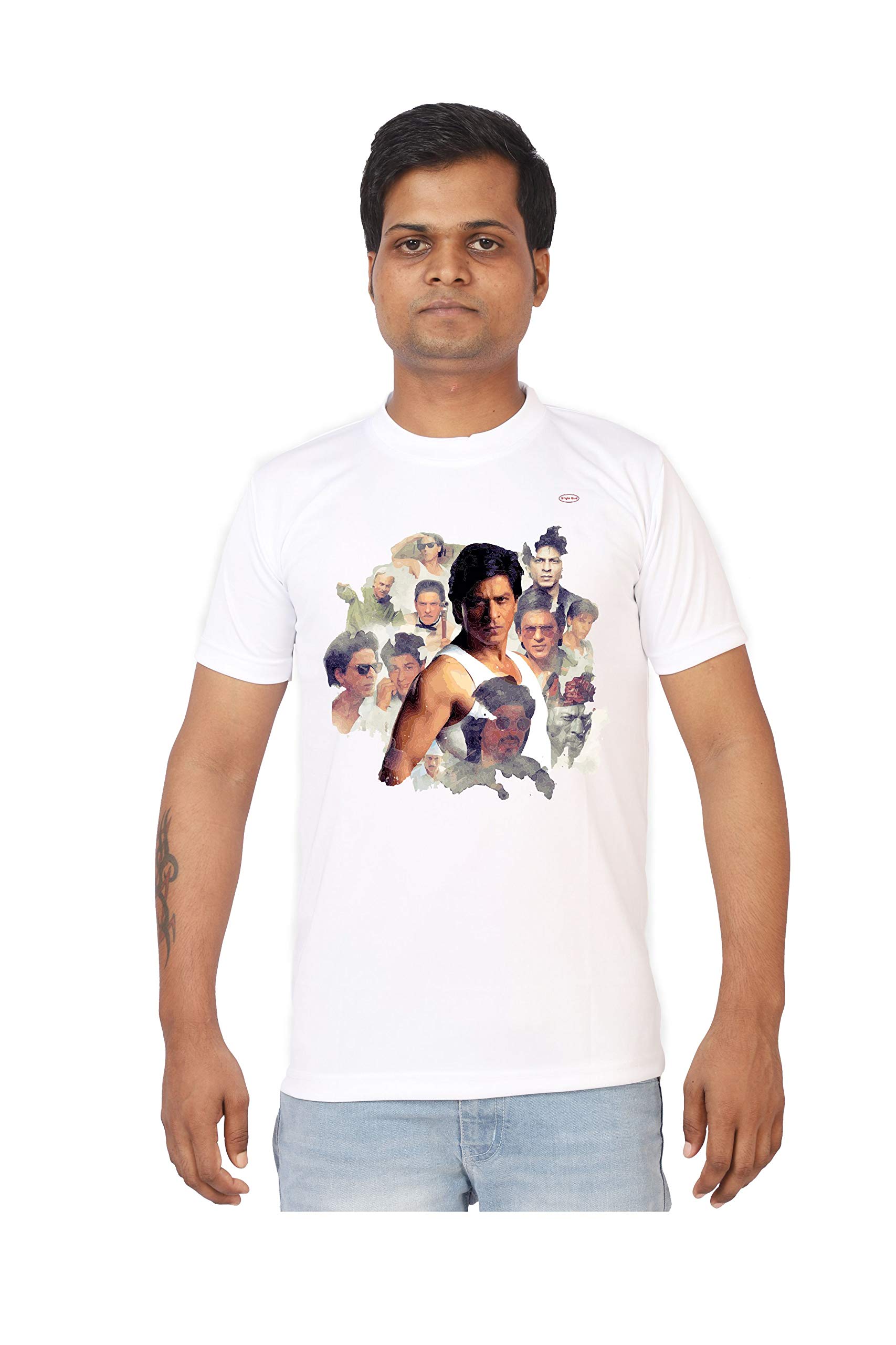 Style Eva - White Polyester | 402 - Shahrukh Khan | Shahrukh Khan Printed Short Sleeve Round Neck T-Shirt