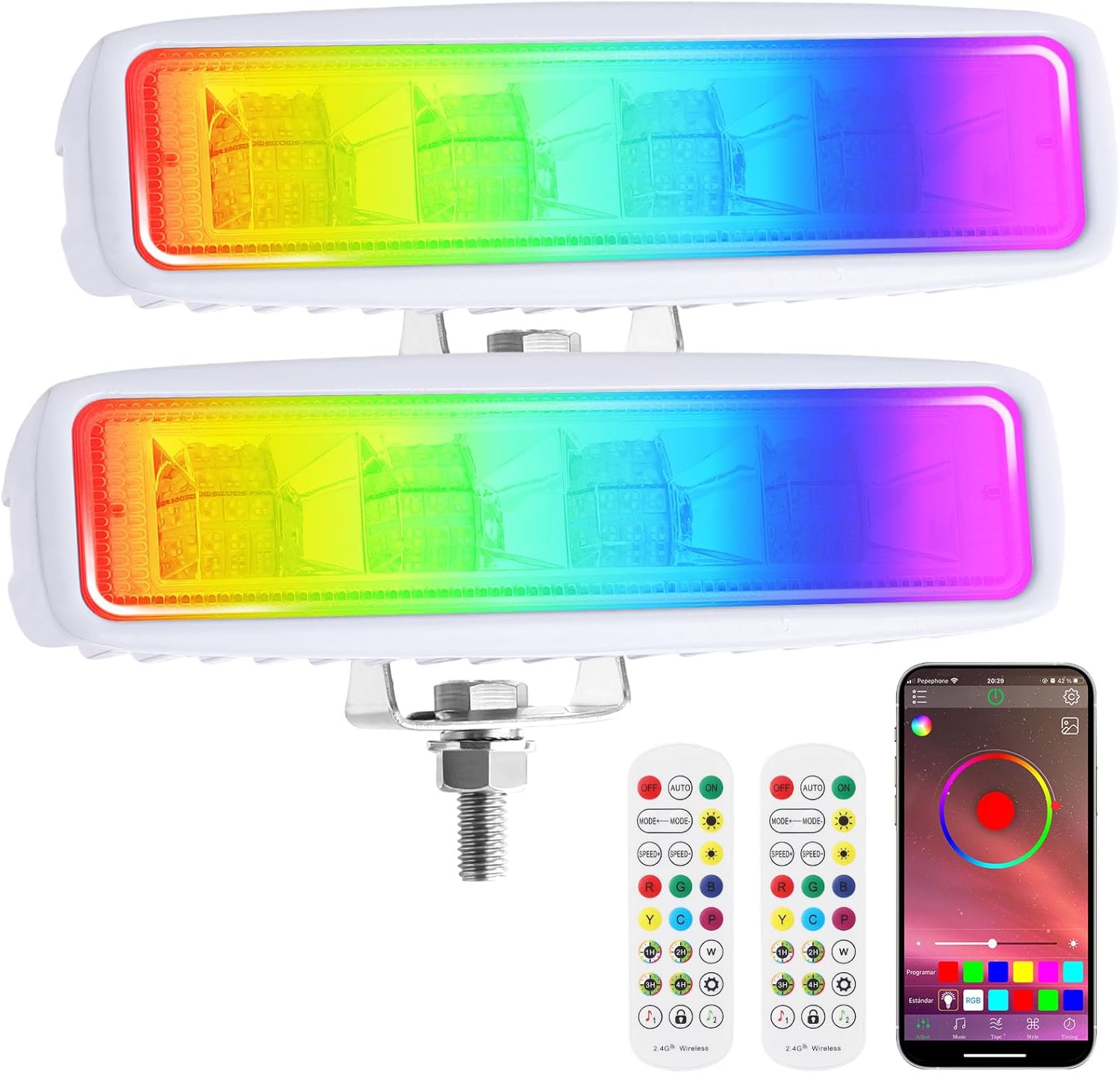 RGB LED Boat Lights, FUNZING Deck Dock Waterproof LED Marine Spotlights 2 Pack 12V 6000LMS 120° Flood Light Bar for Pantoon Boat Truck Off-Road Car SUV Night Fishing Accessories RGB (Red, Green, Blue)