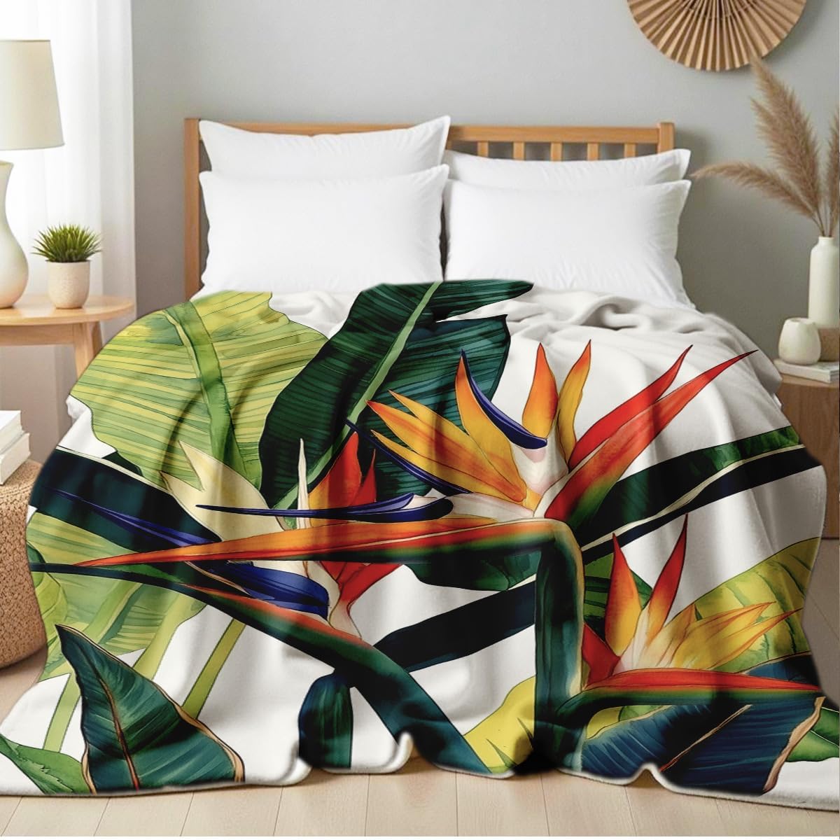 Paradise Throw Blanket Birds Tropical Flowers Print Throw Floral Flannel Blanket for Sofa Bed Couch Office Home Decor Nature Botanical Lovers Gifts (49"x59")