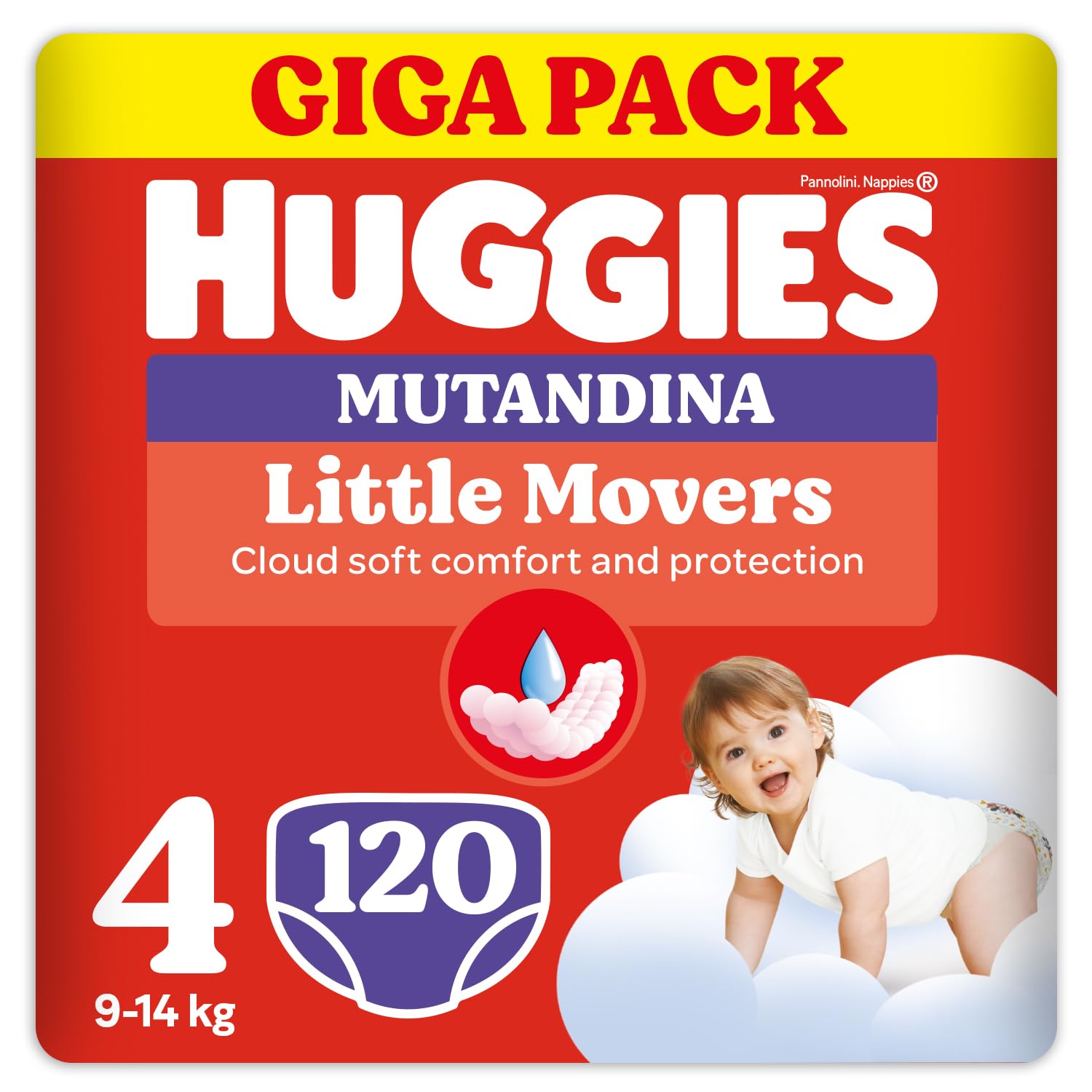 Huggies Little Movers Pannolini Mutandina Taglia 4 (9-14 Kg), Ultra assorbente, Protezione completa, Gigapack 120 Pz