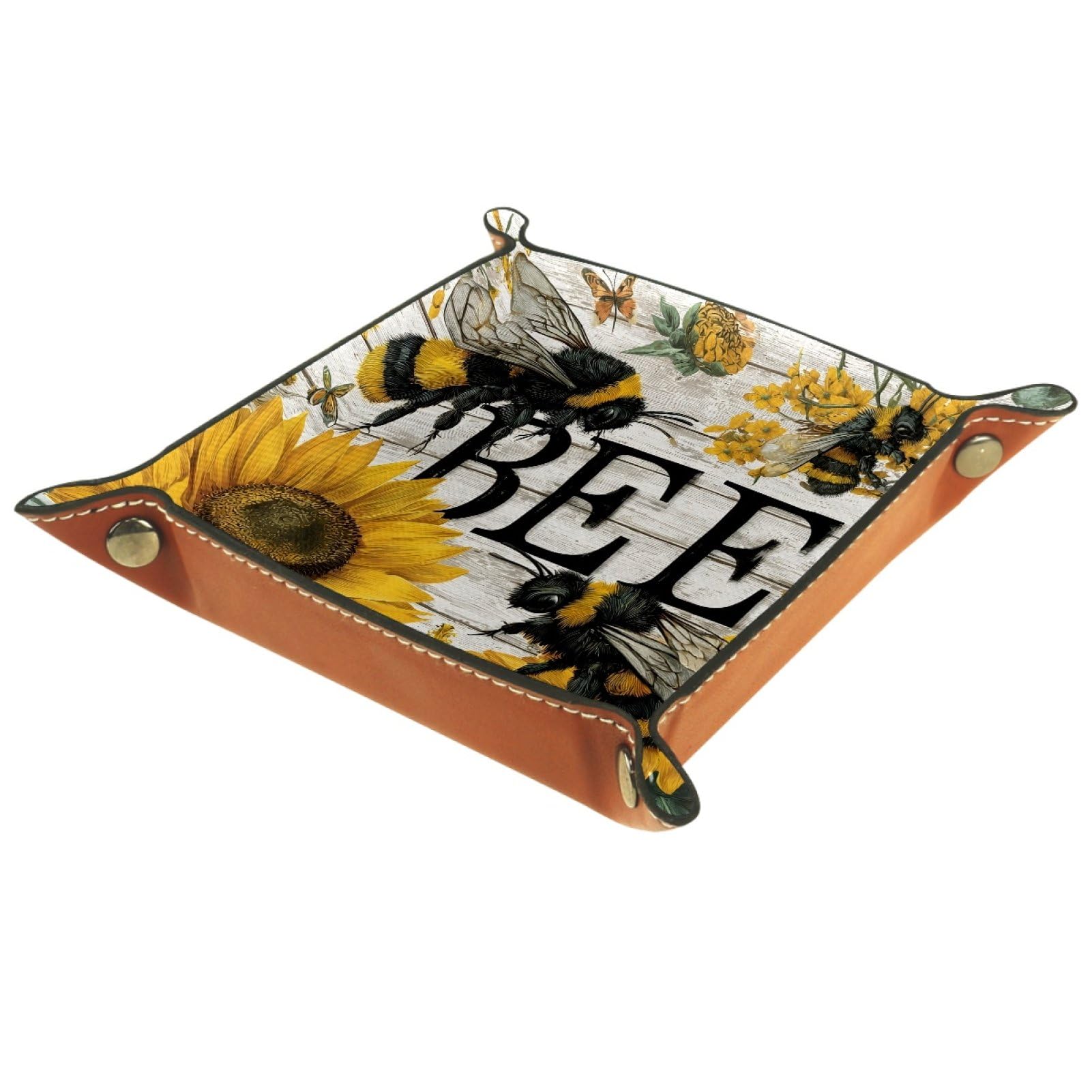 VAPOKF Bee Sunflowers Portable Dice Rolling Tray, Microfiber Leather Dice Holder Game Box for D&D, RPG, Table Games or Desktop Phone Key Storage, 20.5 × 20.5 cm