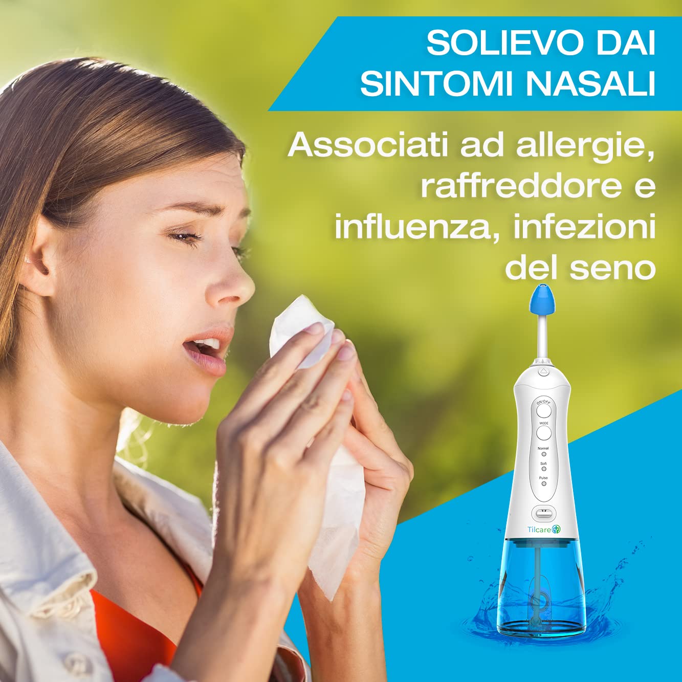 Kit Lavaggio Nasale di Tilcare - Perfetta Elettrica Neti Pot per Lavaggio Nasale per il Sollievo del Naso e dalle Allergie - Viene fornito con un Asciugamano e 30 Confezioni di Sale