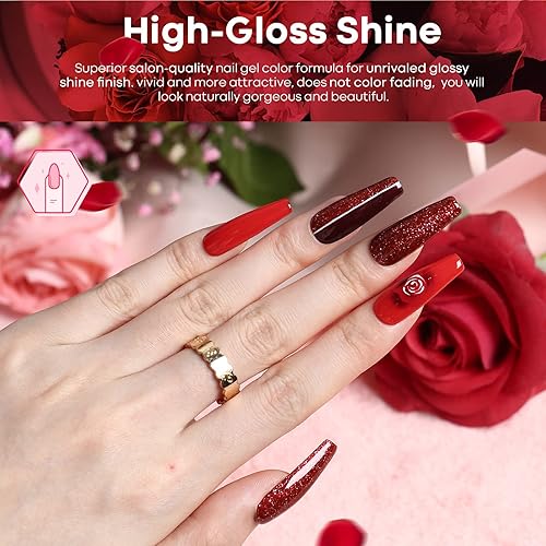 Miniatura 6 de Modelones - Esmalte de gel rojo, colores clásicos populares, semipermanente, con purpurina. Set de manicura para usar en casa y en el centro de