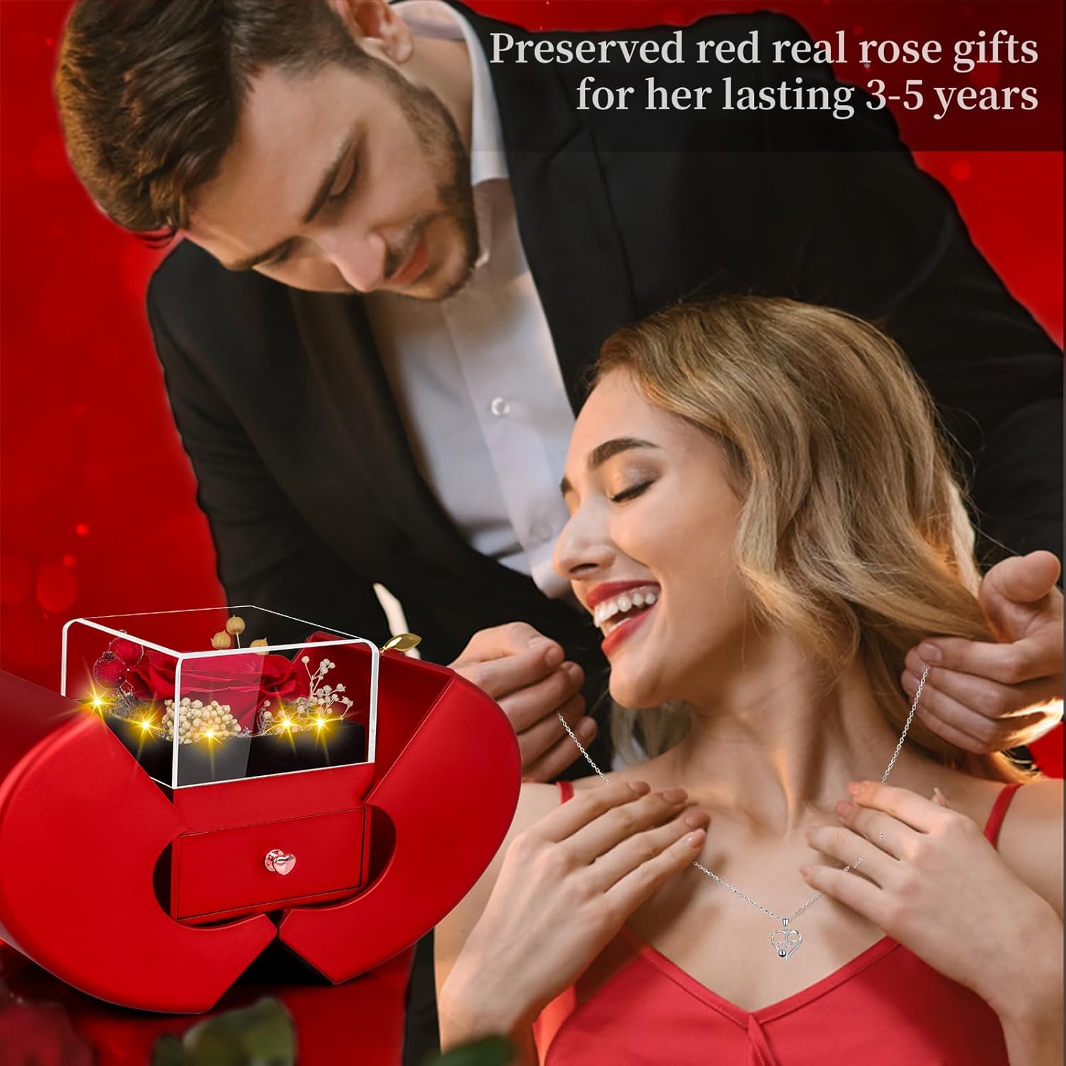 Gifts for Mom from Daughter and Son, Unique Mother Birthday Gift Idea, Preserved Red Real Roses with I Love You in 100 Languages Mom Necklace, Cool Present to Mother Mama -Red - Image 7