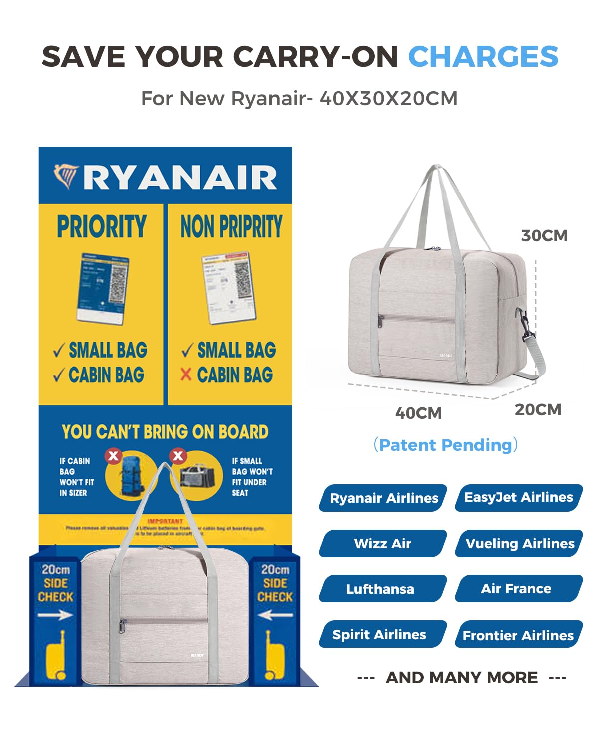 WANDF Bagaż Podręczny do Samolotu Składany Ryanair 40x20x25cm Torba Sportowa, Szpitalna, Weekendowa (Denim Beżowy 20l z Paskiem na Ramię)