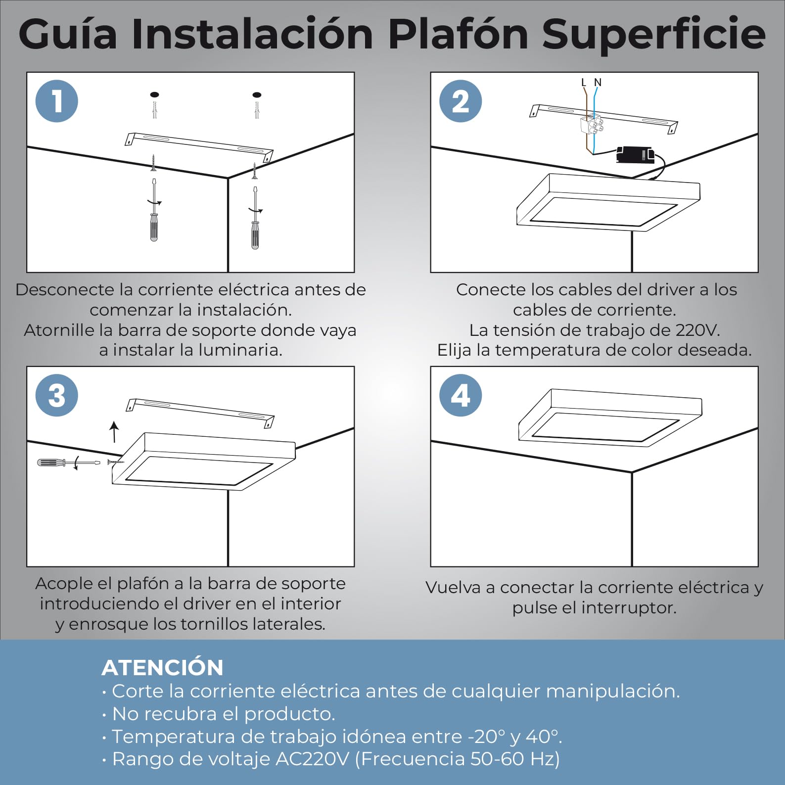 LED ATOMANT 10x Plafon LED Cuadrado Superficie 210x210mm 20W CCT 3000-6500K | Con Selector de color CCT, 1800 Lumenes, Driver incluido