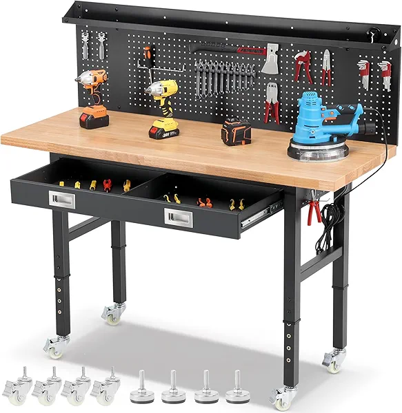 ENJOYWOOD Workbenches for Garage Work Bench with Wheels 60 Inch Adjustable Rubber Wood Top Garage Workbench with Drawers, Pegboard, Power Outlets for Woodworking, Home, Office, Workshop
