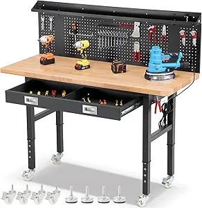 Workbenches for Garage Work Bench with Wheels 60 Inch Adjustable Rubber Wood Top Garage Workbench with Drawers, Pegboard, Power Outlets for Woodworking, Home, Office, Workshop