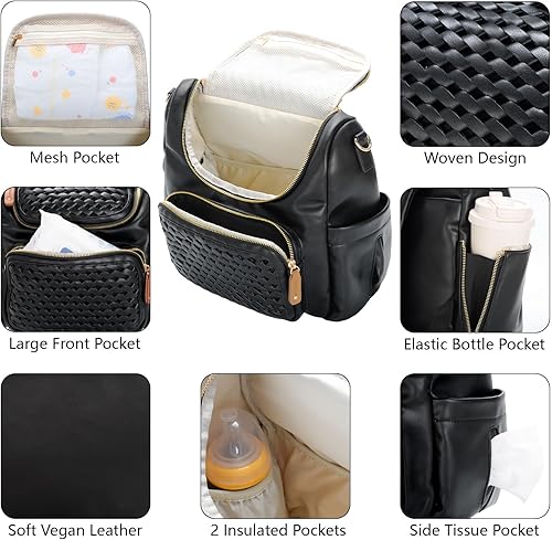 Miniatura 3 de Minsong Mochila para pañales, mochila pequeña para pañales para mamá con cambiador, elegantes bolsas de pañales de viaje de cuero vegano (negro)