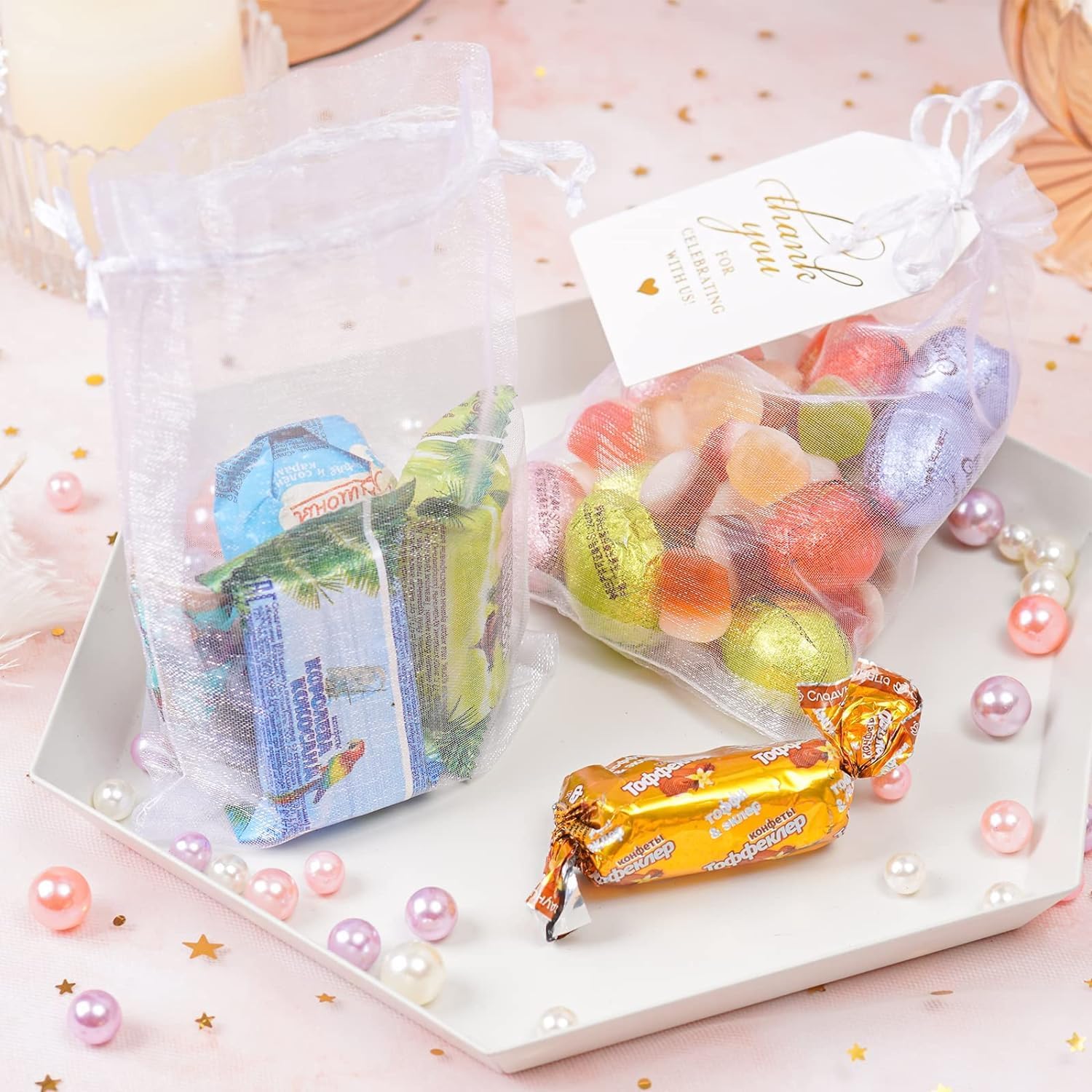 White Organza Bags Set, 60PCS Drawstring Gift Bags with 60PCS Thank You Tags Candy Mesh Pouches for Christmas Wedding Party - Image 6