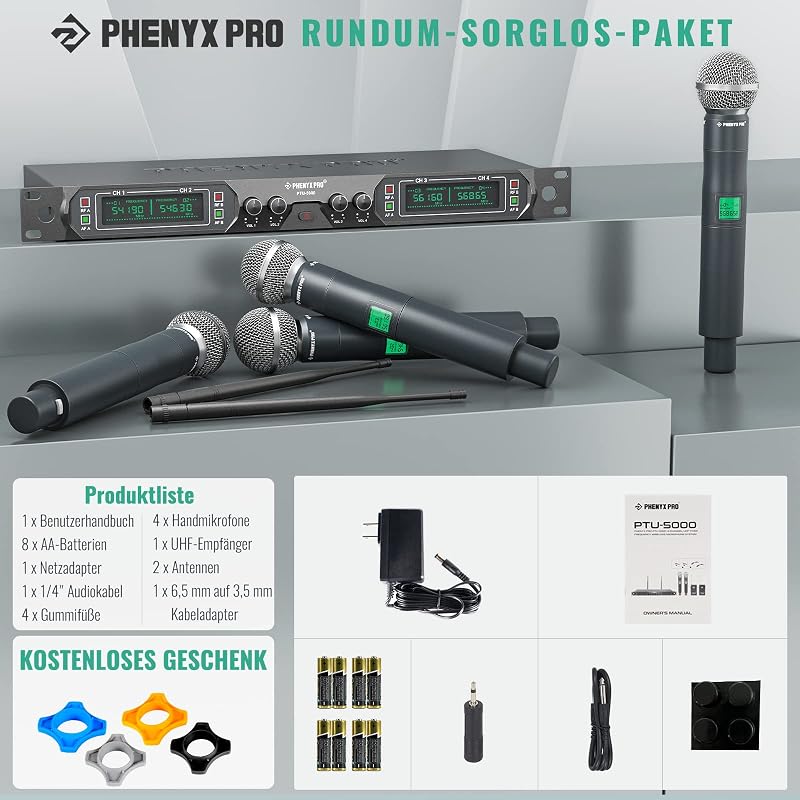 Phenyx Pro PTU-5000A Vezeték Nélküli Mikrofon Szett - 4 Csatornás UHF Kézi Mikrofon Rendszer Karaokéhoz, Rendezvényekhez, 260 Méteres Hatótá