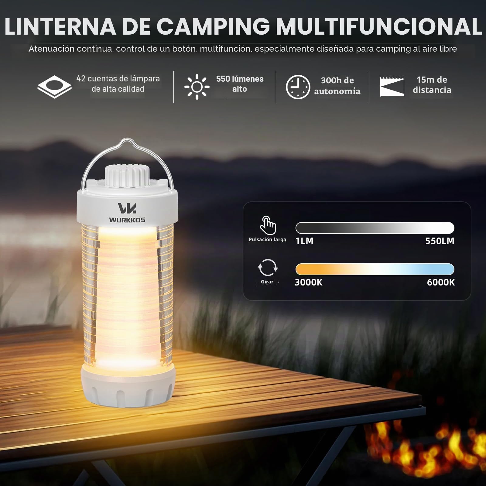 Wurkkos CL01 - Farolillo LED exterior, 550 lúmenes, batería externa 5000 mAh, recargable, luz de camping con imán, hasta 300 horas