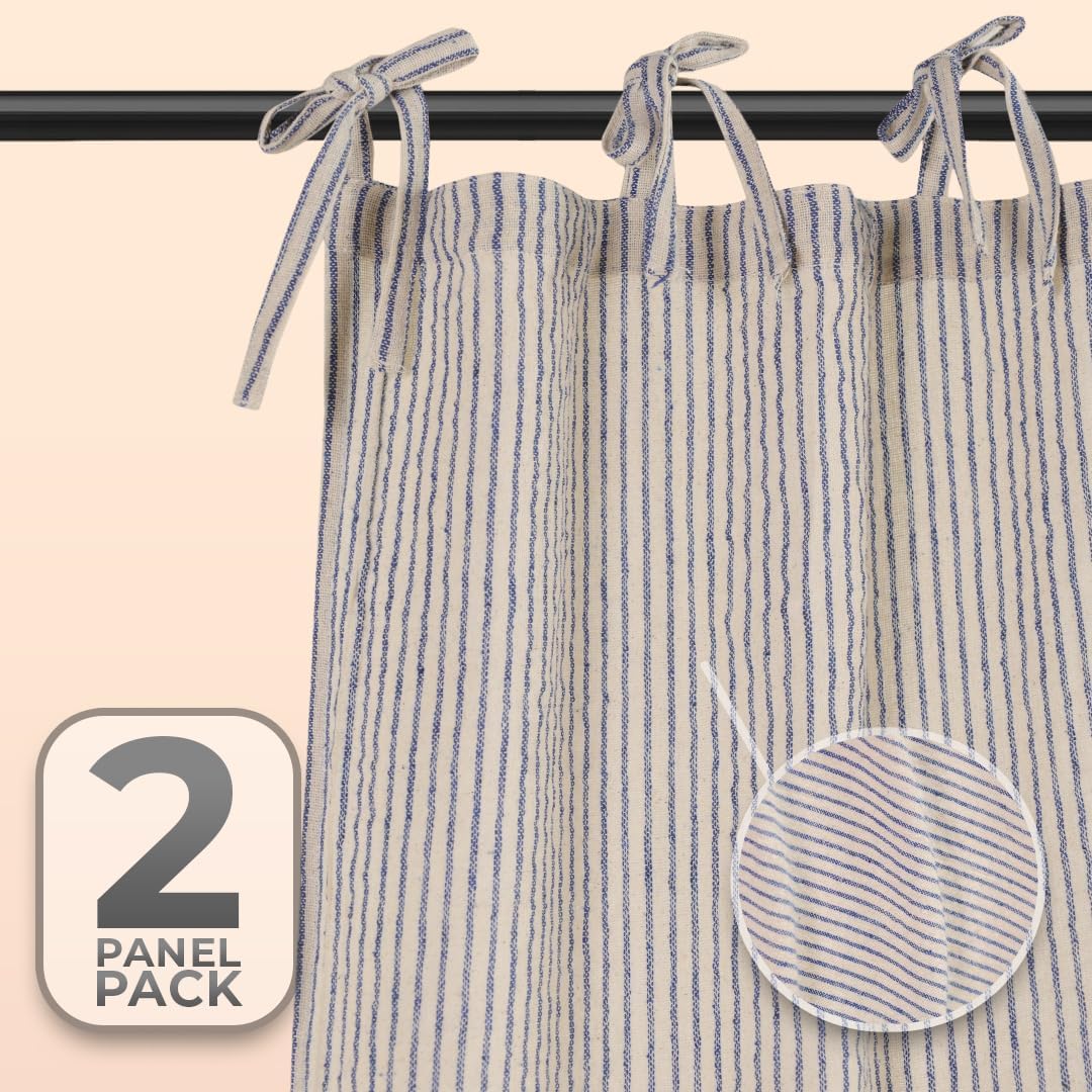 Gauze Striped Curtains, Boho Linen Gauze Tie Top Hanging Curtains Light Filtering Door Window Treatment 2 Panel Curtain Drapes for Living Room Home Décor Blue on Beige (72"x42" Each Panel)