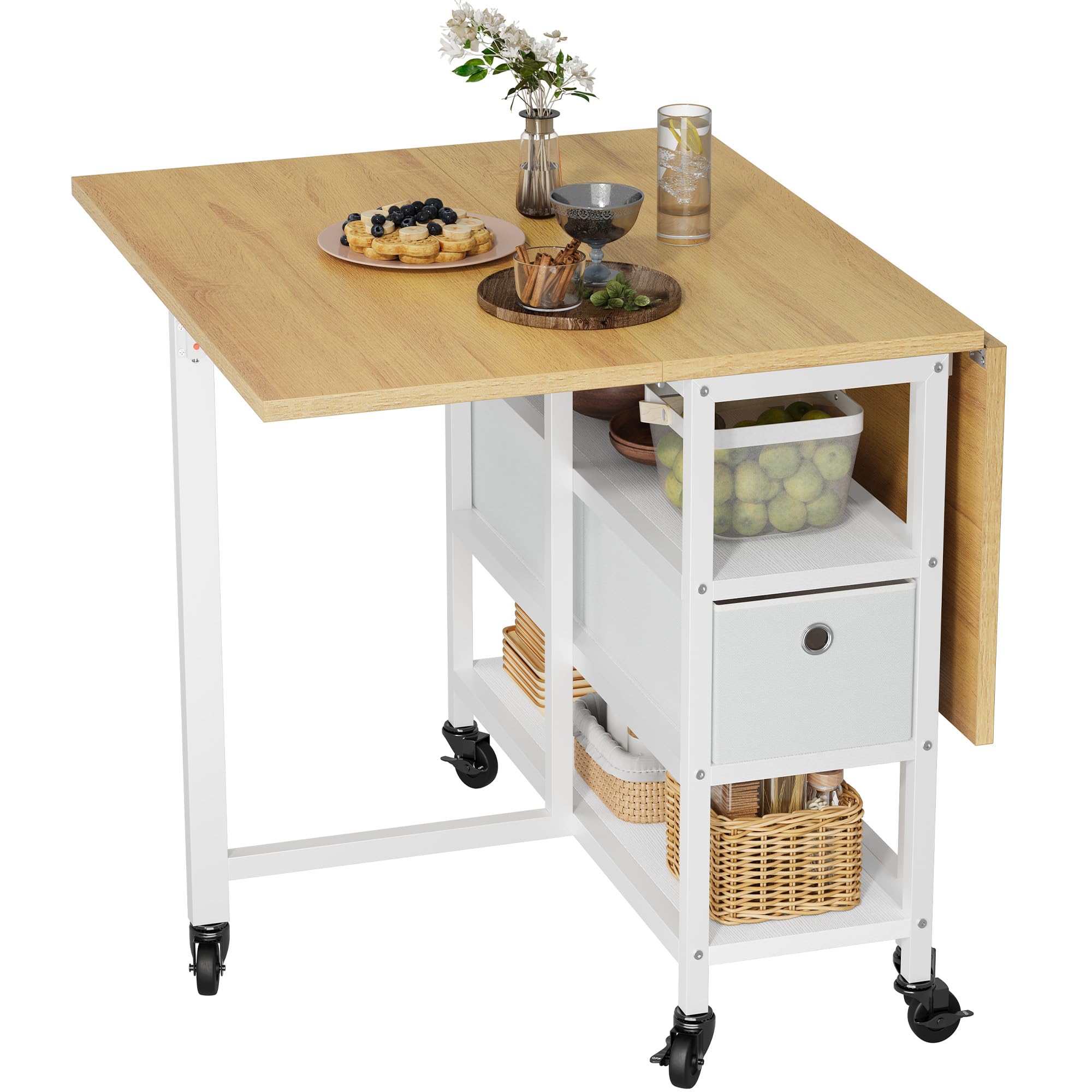 YITAHOME Table de Salle à Manger Pliable, Table Rabattable Mobile avec 6 roulettes et tiroirs de Rangement pour Petits espaces, Cuisine, Salle à Manger, Chêne Jaune et Blanc