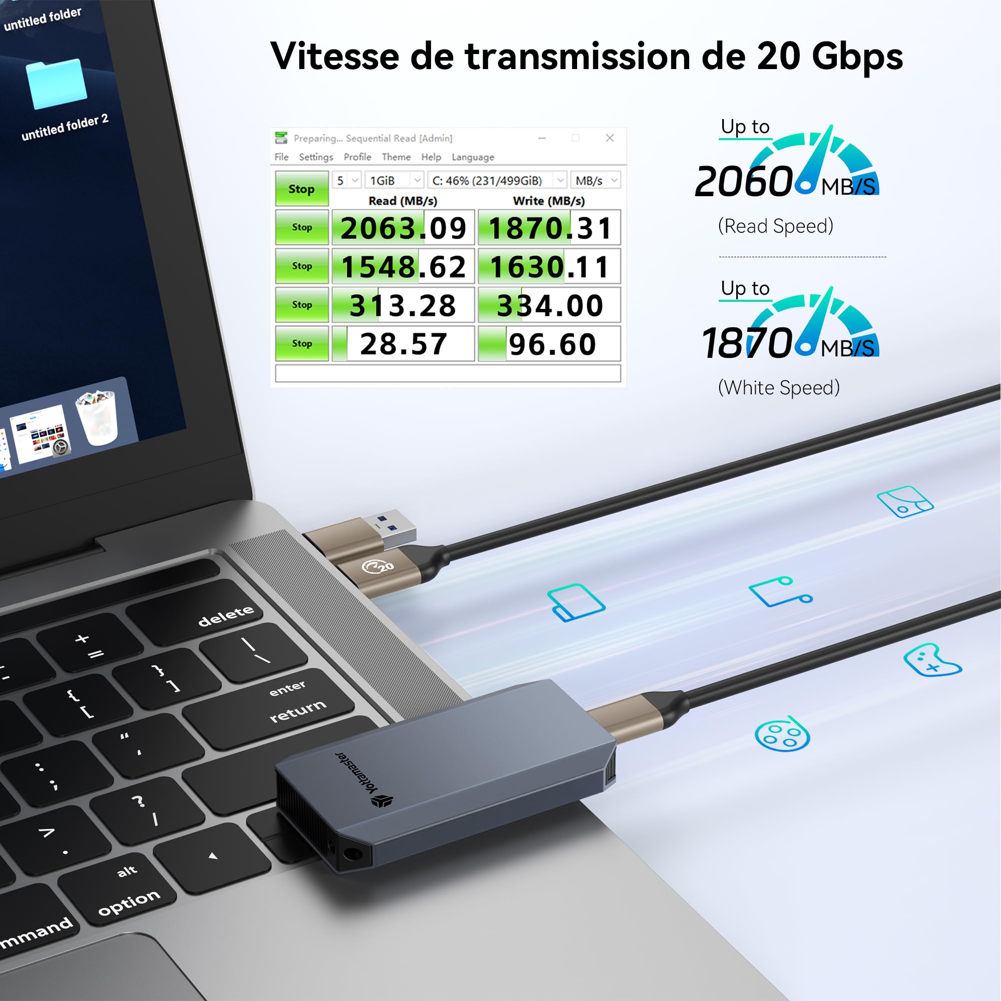 Yottamaster 1TB SSD Externe, Jusqu'à 2000MB/s USB 3.2 Gen 2 x 2, 2-en-1 câble USB-C/A avec Dragonne Prise en Charge 4K ProRes Compatible avec iPhone 17/16 Pro Max, Smartphone, Tablette, Portable