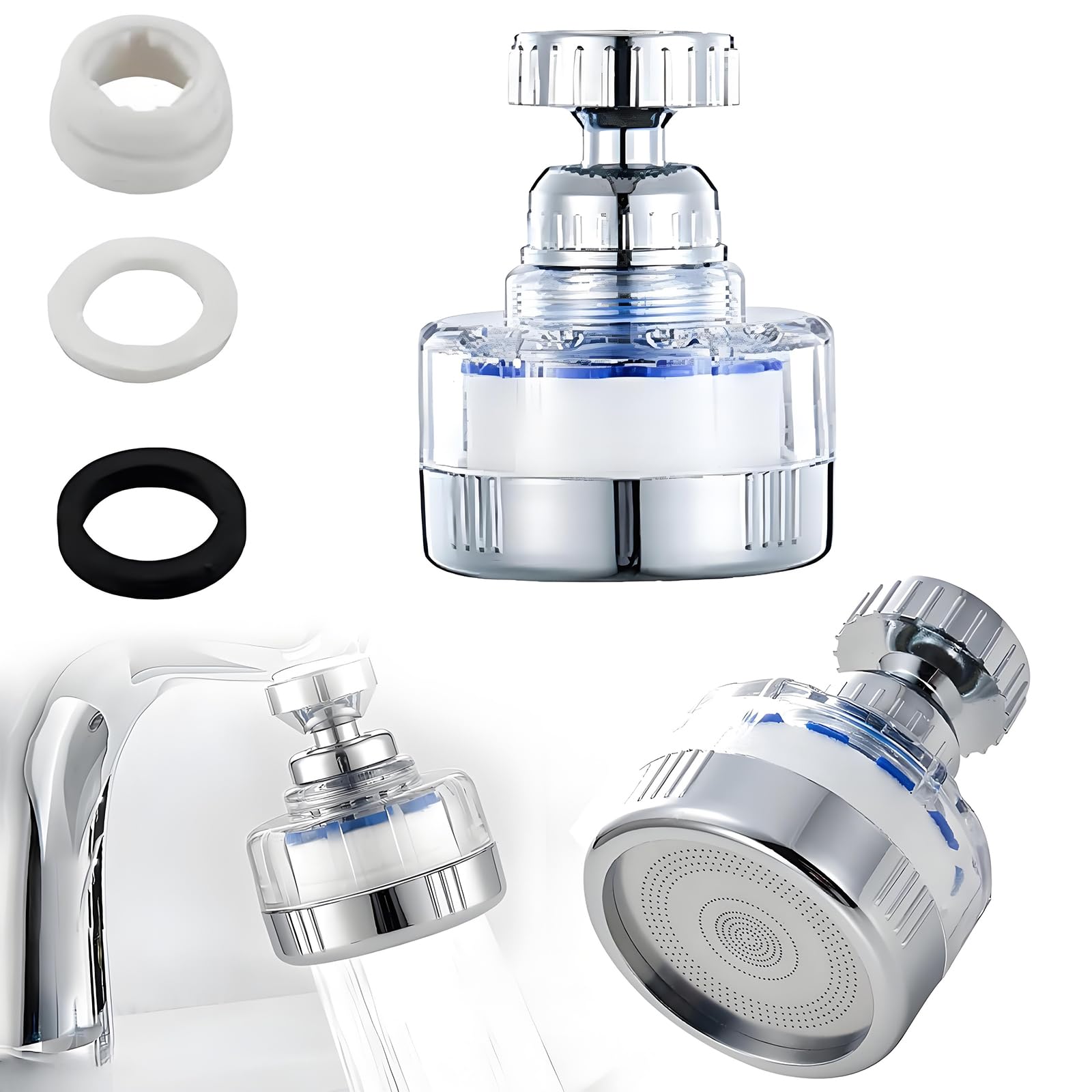 Filtre à eau Robinet Anti Calcaire avec 6 éléments Filtrants en coton PP, Tête de Pulvérisateur Rotatif 360°