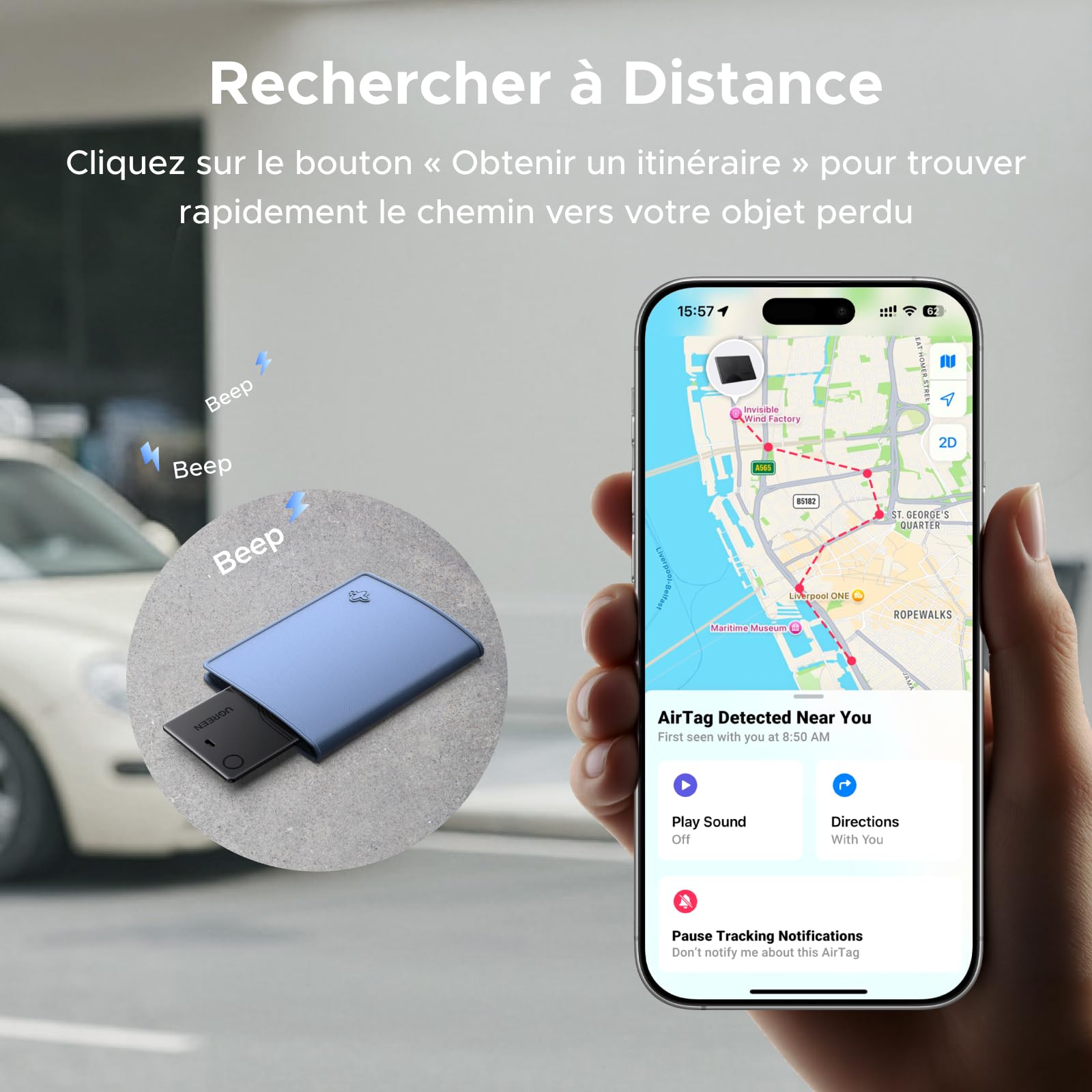 UGREEN FineTrack Slim Traceur Recharge sans Fil Finder Tag Traqueur Bluetooth Compatible avec Apple Find My (iOS Uniquement) Localisateur Objet Étanche IP68 pour Portefeuille Valise