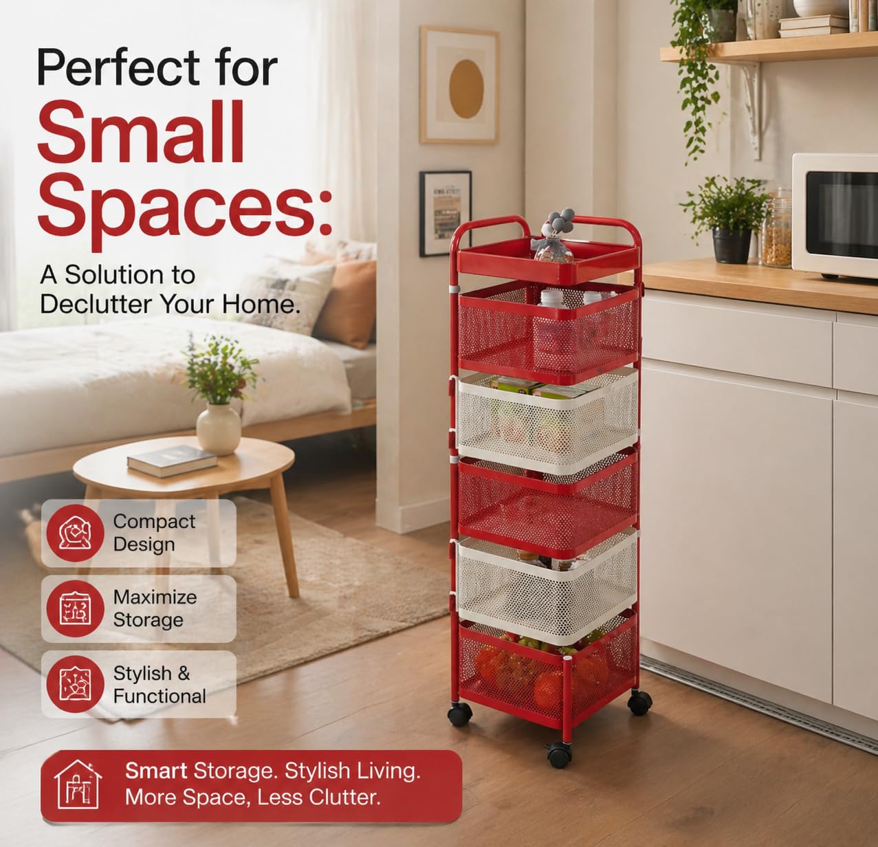 BURAKH Carrello portaoggetti girevole, quadrato, in metallo, con ruote, organizer per cucina e bagno, scaffale per verdure, carrello salvaspazio rosso e bianco (rosso e bianco, quadrato a 6 livelli)