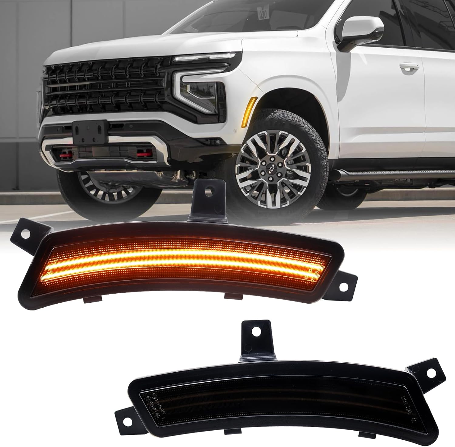 White LED Side Marker Lights For 2025 2026 Chevy Tahoe GMC Yukon XL Suburban Cadilac Escalade, Upgraded Dual Rows Front Bumper Fender Lamp Turn Signal Light Kit Smoked Lens Assembly 2PCS